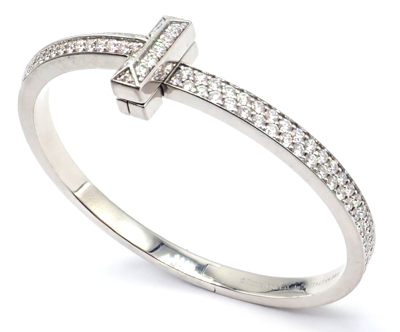 Authentic Tiffany & Co 18k White Gold Diamond T1 Wide Hinged Bangle Bracelet - Luxury Jewelry for Women, Perfect for Weddings, Anniversaries & Special Occasions