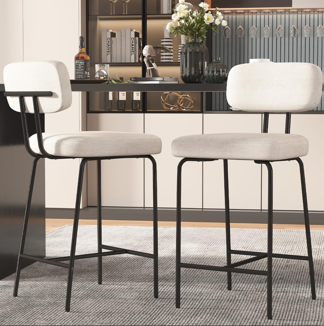 Set of 2 White Fabric Counter Height Bar Stools 26