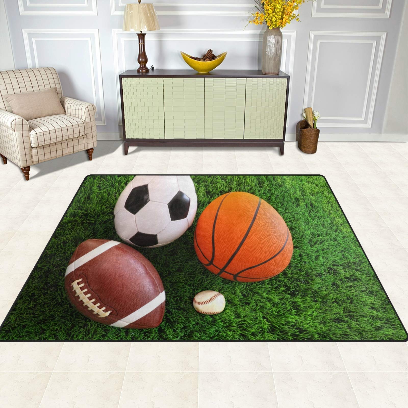 ALAZA 7' x 5' Green Area Rug for Basketball Soccer Baseball - Non-Slip Sports Themed Carpet for Living Room Bedroom Game Room Decor (Perfect for Kids Playroom, Man Cave & Sports Fan Gifts)