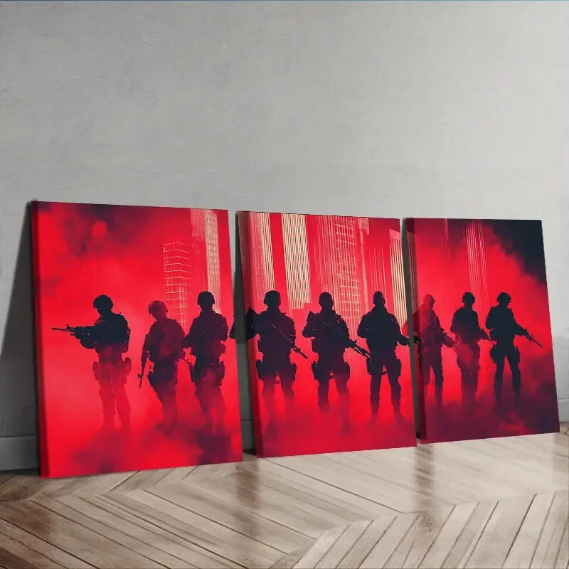 3-Piece Soldiers in Formation Silhouette Wall Art Set - Framed Canvas 40x60cm (16x24in) - High Quality Military Decor - Ready to Hang - Perfect for Home Office, Man Cave & Military Themed Rooms