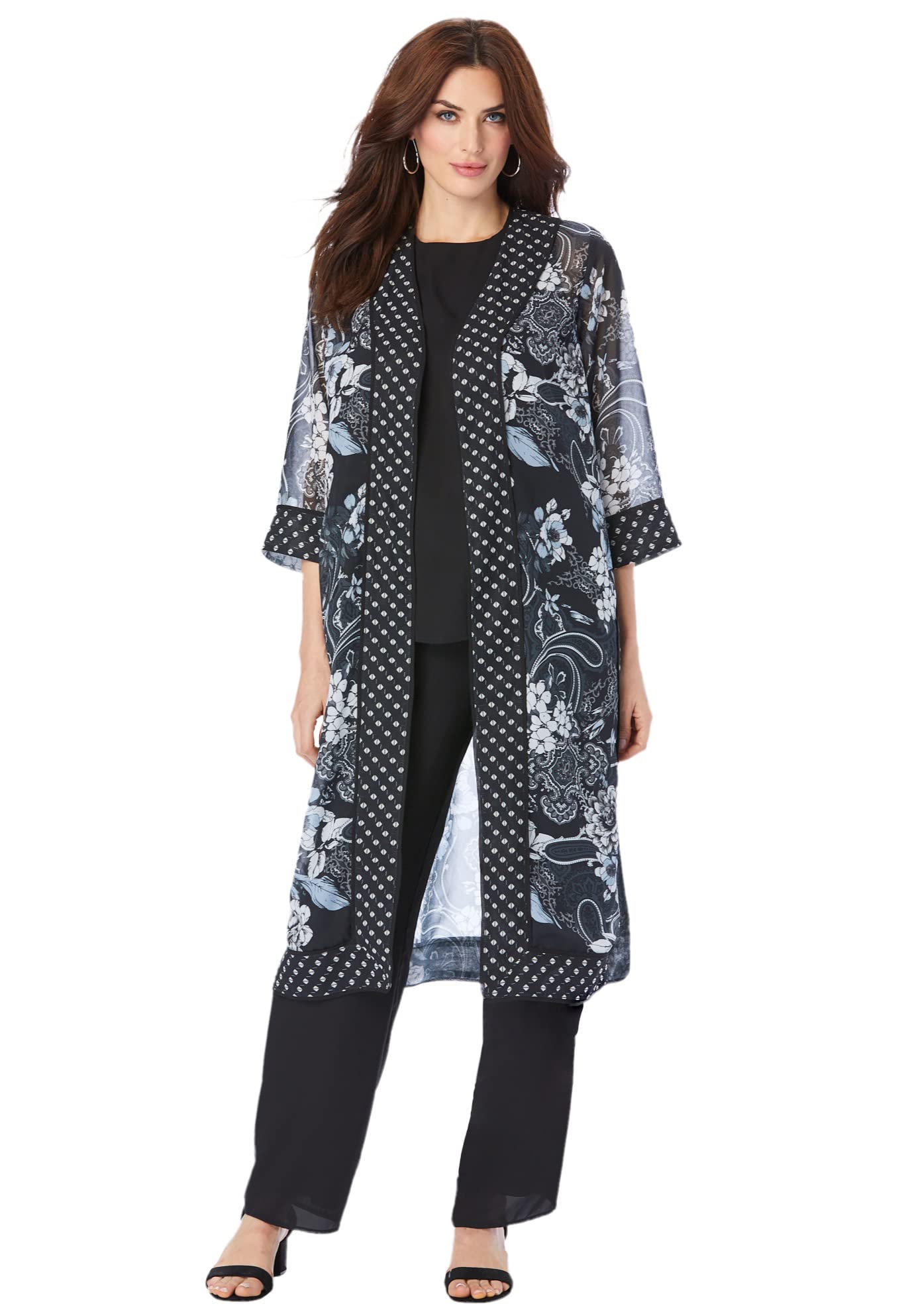 Roaman's Women's Plus Size 3-Piece Duster & Pant Suit Outfit - Elegant Casual Wear for Work, Church & Special Occasions