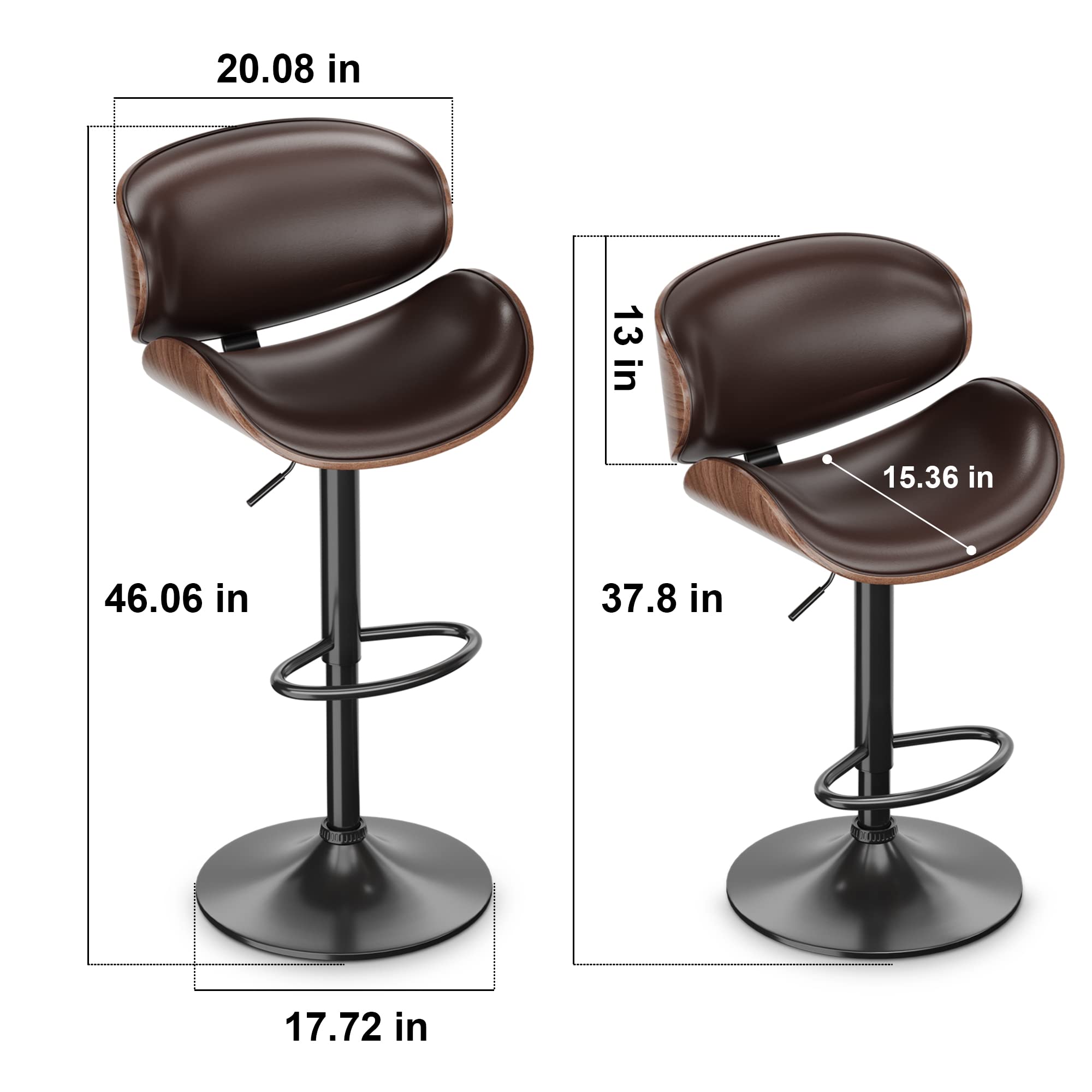 ONME Bar Stools Set of 2 - Adjustable Height Swivel Bar Stools with PU Leather Upholstery, Back Support & Footrest - Modern Bentwood Counter Stools for Kitchen Island, Home Bar & Dining Room - Perfect for Entertaining & Casual Dining (Brown)