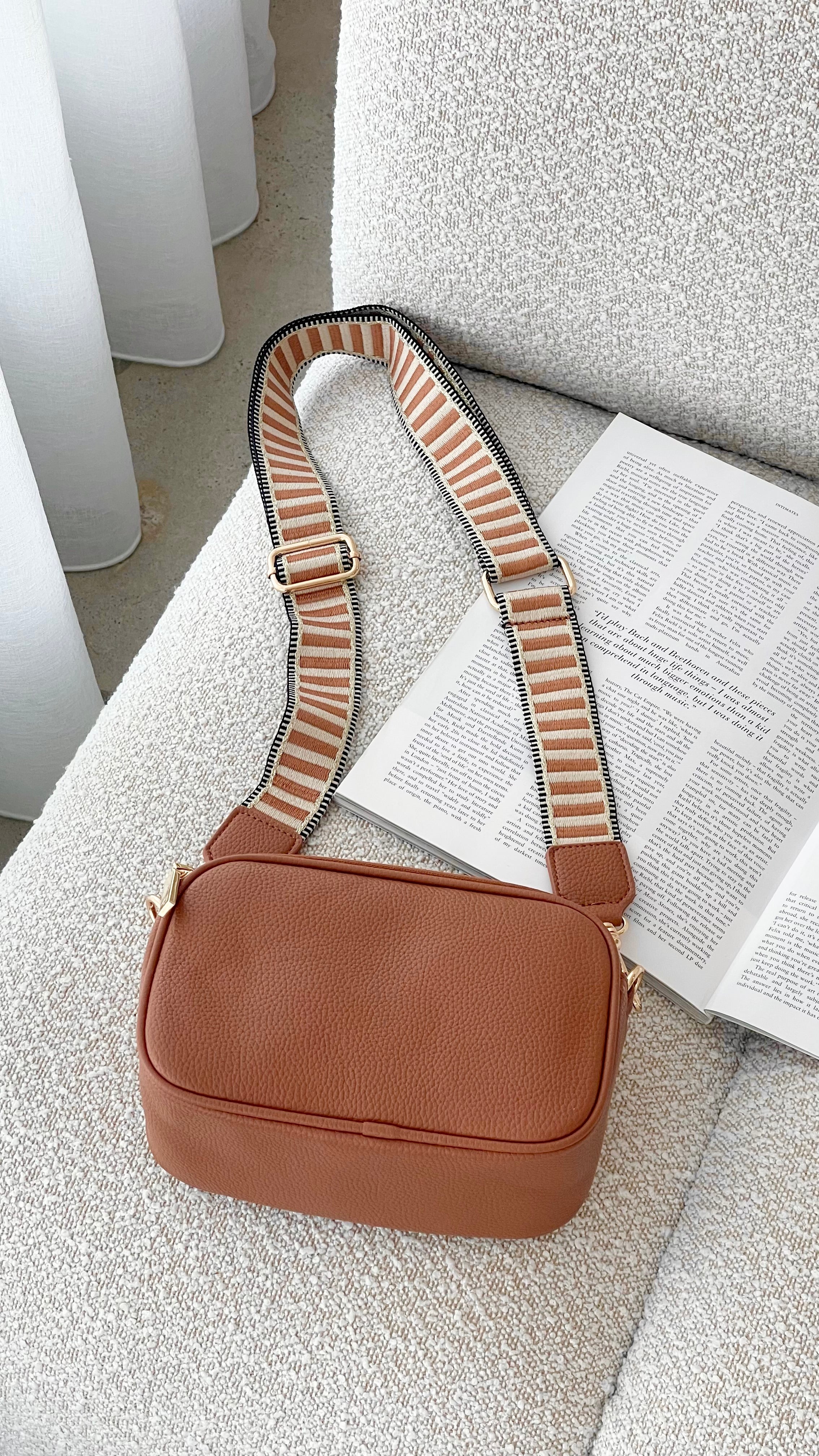 Bella Striped Webbing Camera Bag Tan - Stylish DSLR/SLR Camera Case for Travel & Photography Enthusiasts
