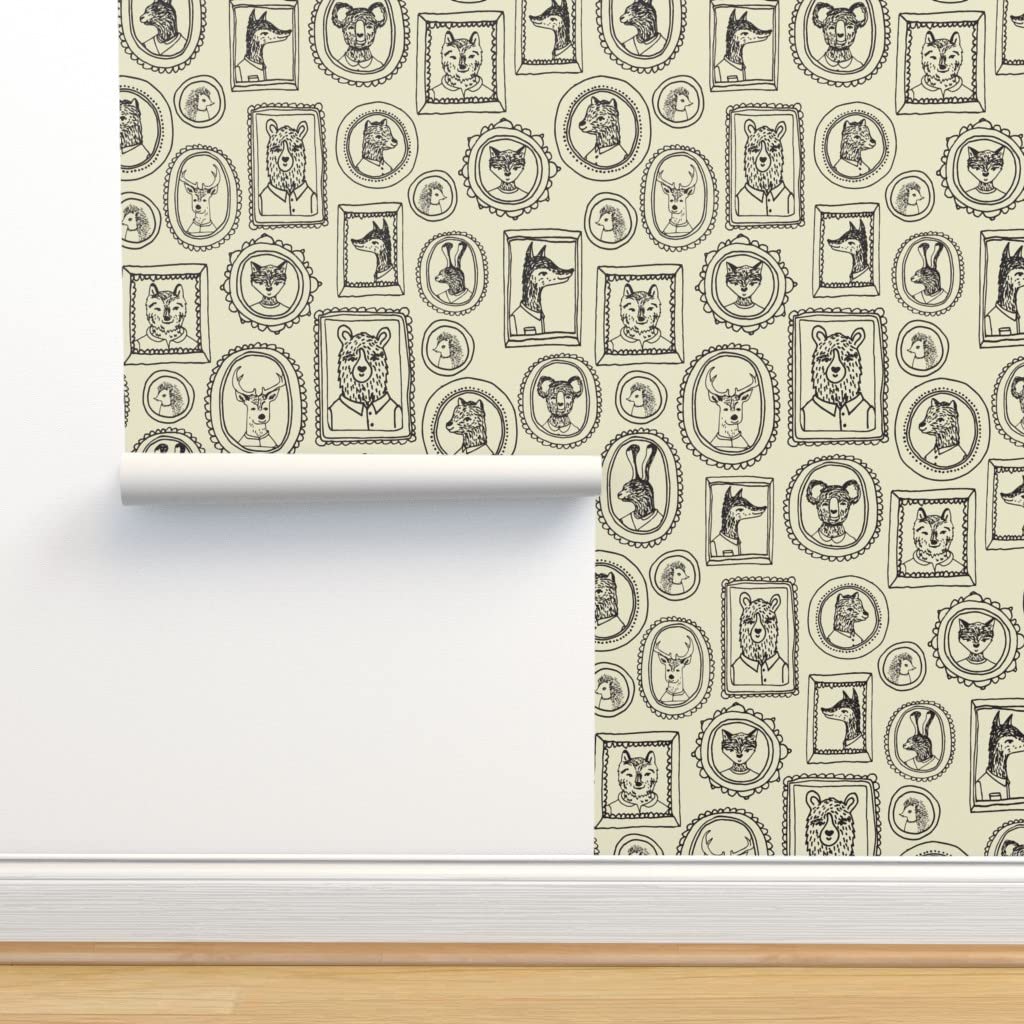 Removable Wallpaper 12ft x 2ft - Woodland Frames Cream Fox Rabbit Bear Hand-Drawn Illustration | Kids Room Decor, Nursery Wallpaper, Gender Neutral Peel & Stick Wallpaper by Spoonflower | Perfect for Bedrooms, Playrooms & DIY Home Decor