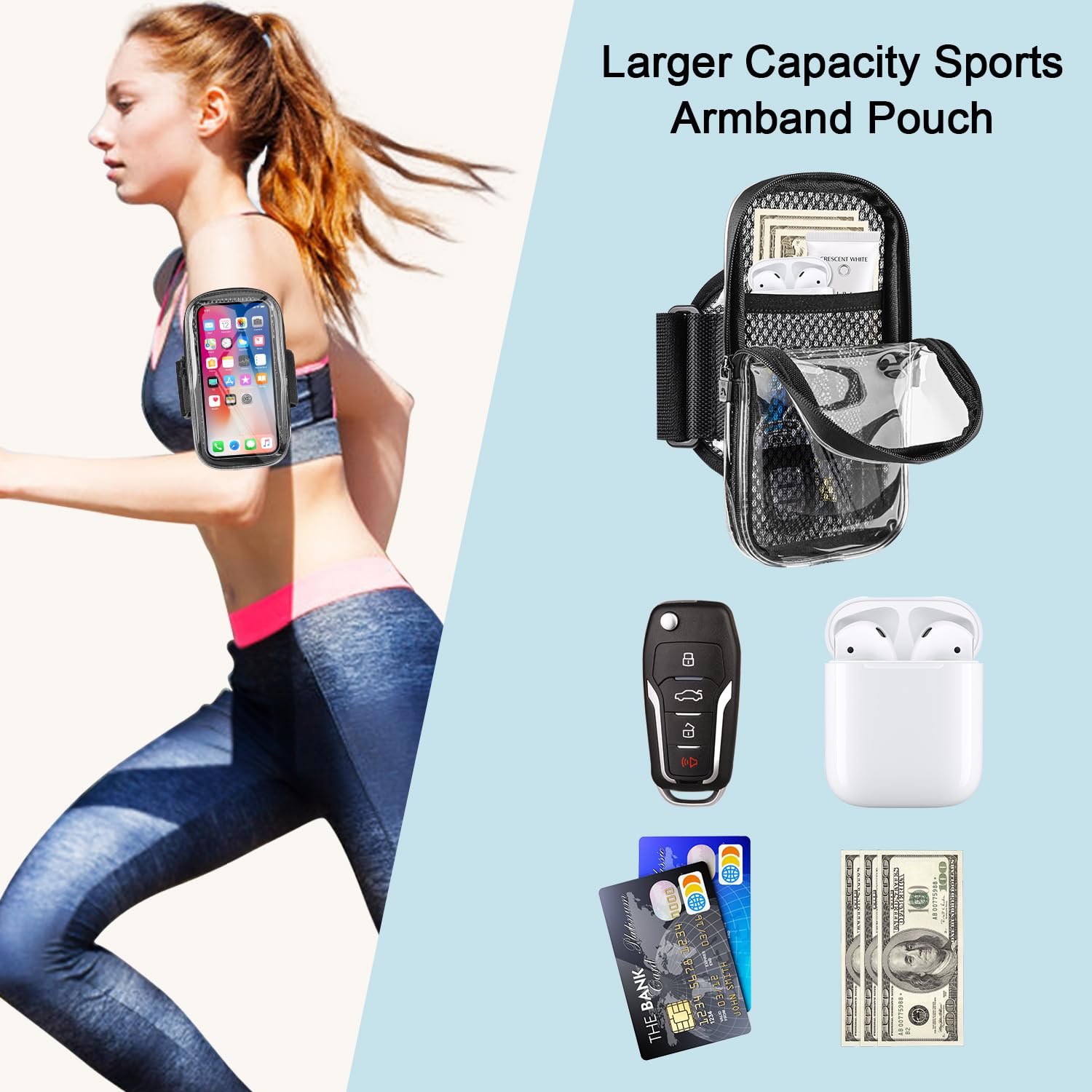 Clear Running Armband Phone Holder for iPhone 16/15/14/13 Pro Max/12/11/X & Samsung Android - Universal Sports Armband with Key Card Pocket for Workout, Jogging, Gym & Outdoor Activities