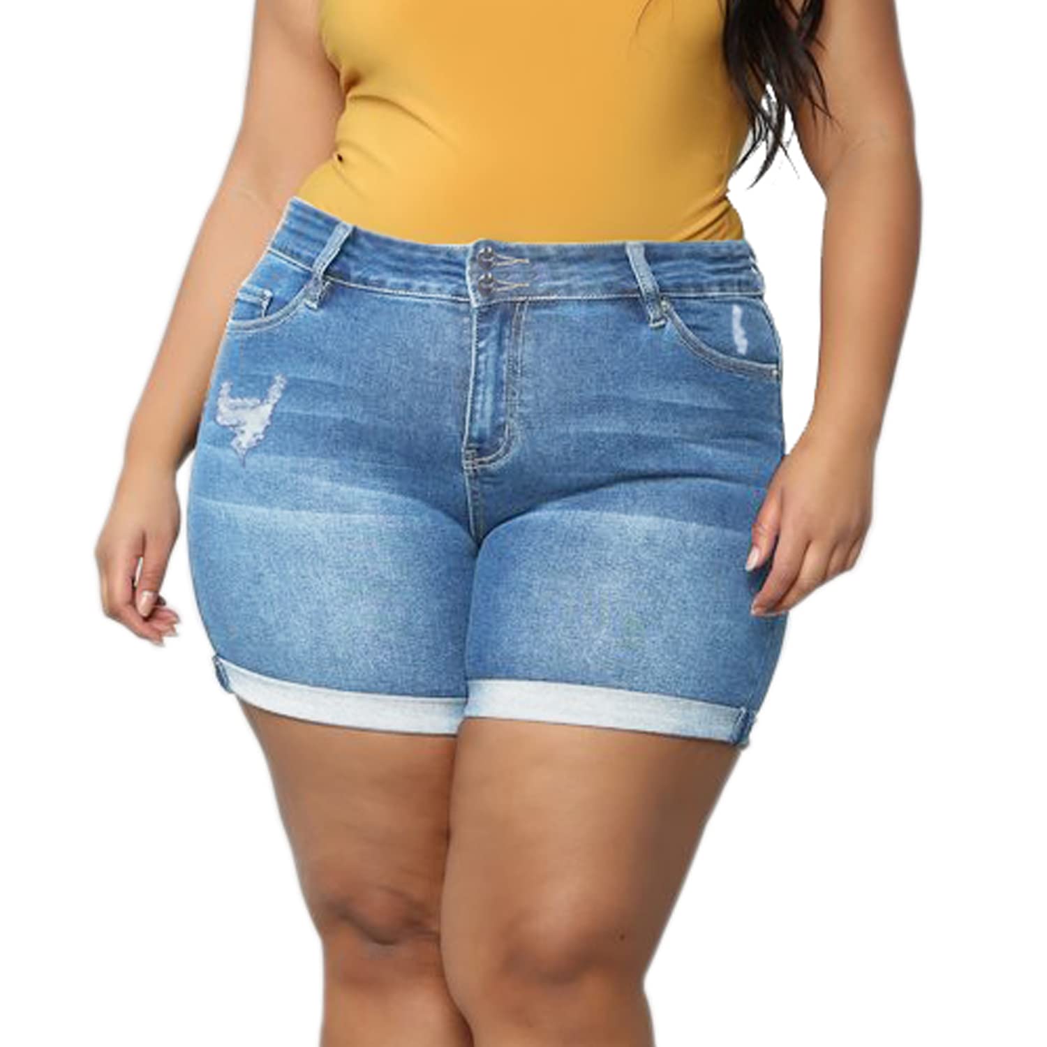 Plus Size Women's Ripped Denim Jean Shorts - High Waisted Stretchy Folded Hem Shorts for Summer | Casual Wear, Beach Outfits, Street Style Fashion