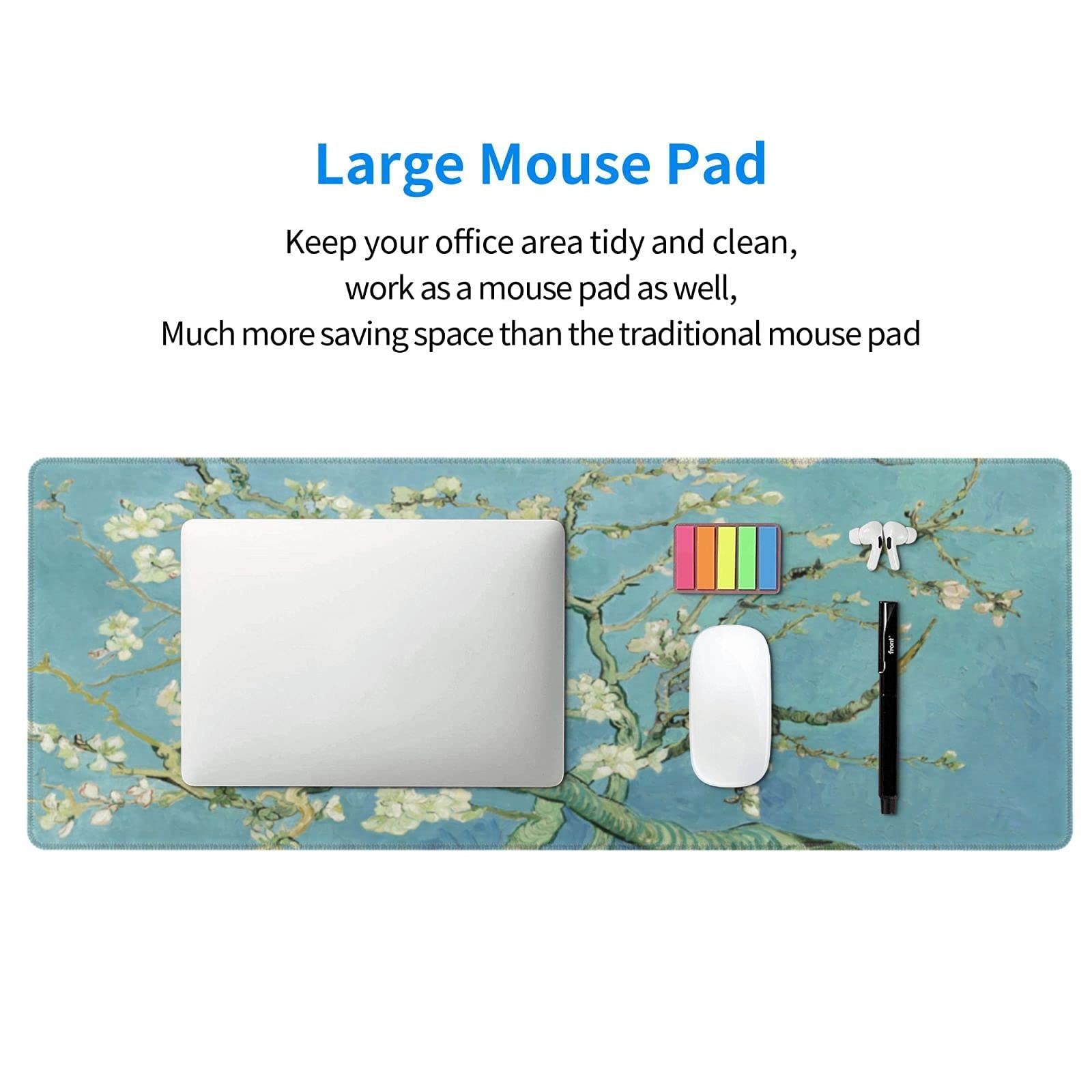 Van Gogh Almond Blossom Gaming Mouse Pad - Non-Slip XL Large Mousepad with Stitched Edges & Rubber Base - Desk Mat for PC, Laptop, Computer - Perfect for Office Work, Gaming & Home Decor