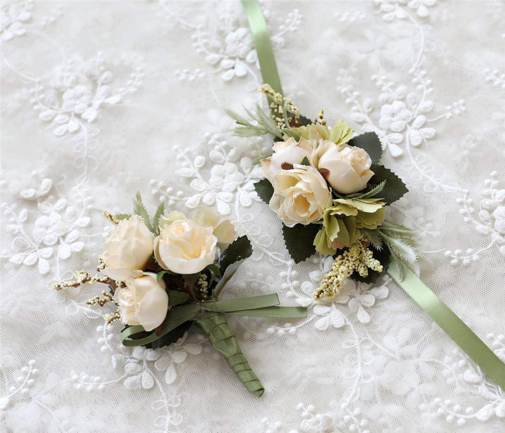 Artificial Rose Corsage and Boutonniere Set - Beige Wedding Flowers for Prom, Party & Suit Decoration - Perfect for Bridal Bouquets, Homecoming Dances and Formal Events