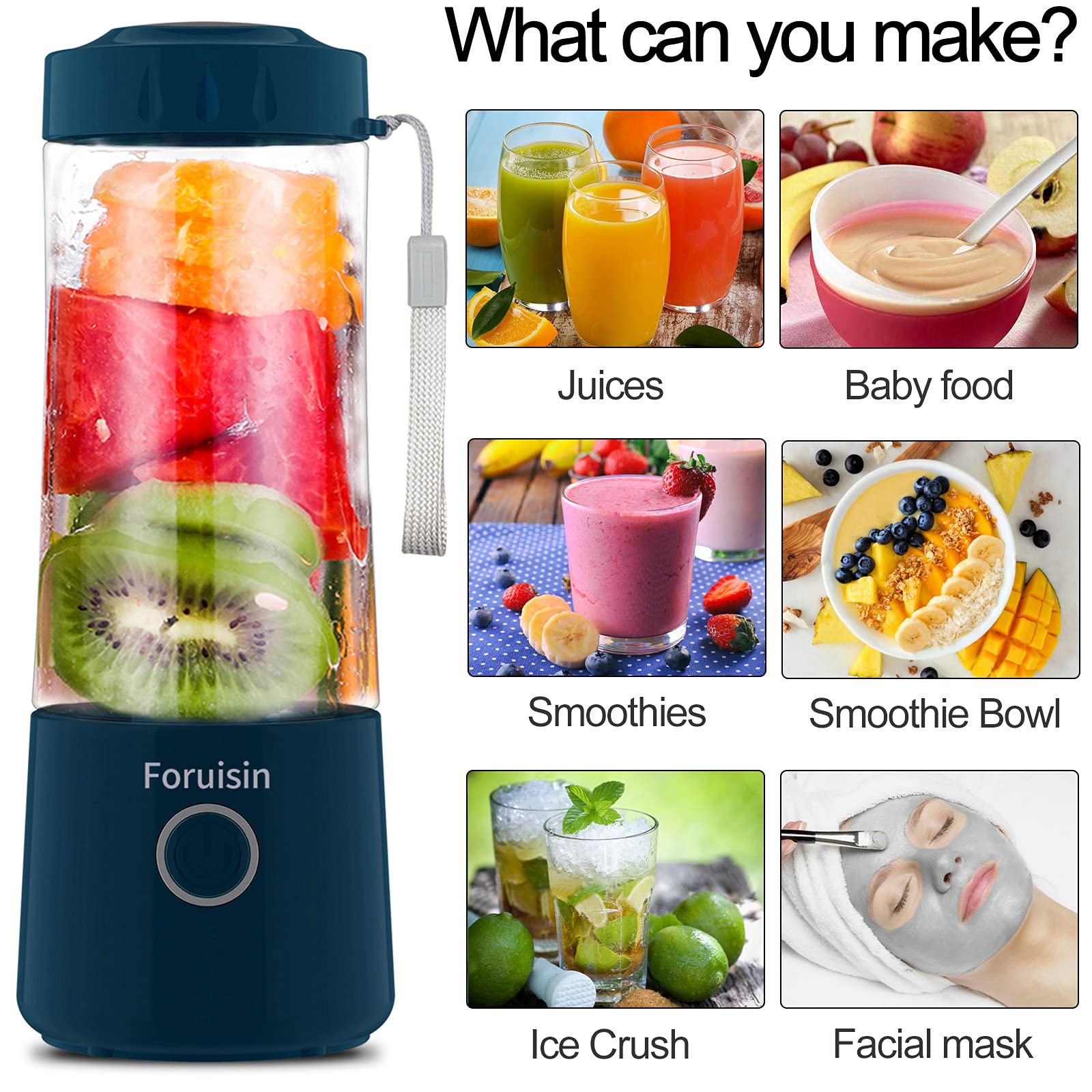 Portable Blender for Smoothies & Shakes - Foruisin 14oz USB Rechargeable Personal Blender with 6 Blades, Mini Juicer Cup for Travel, Gym, Office & Kitchen - Green