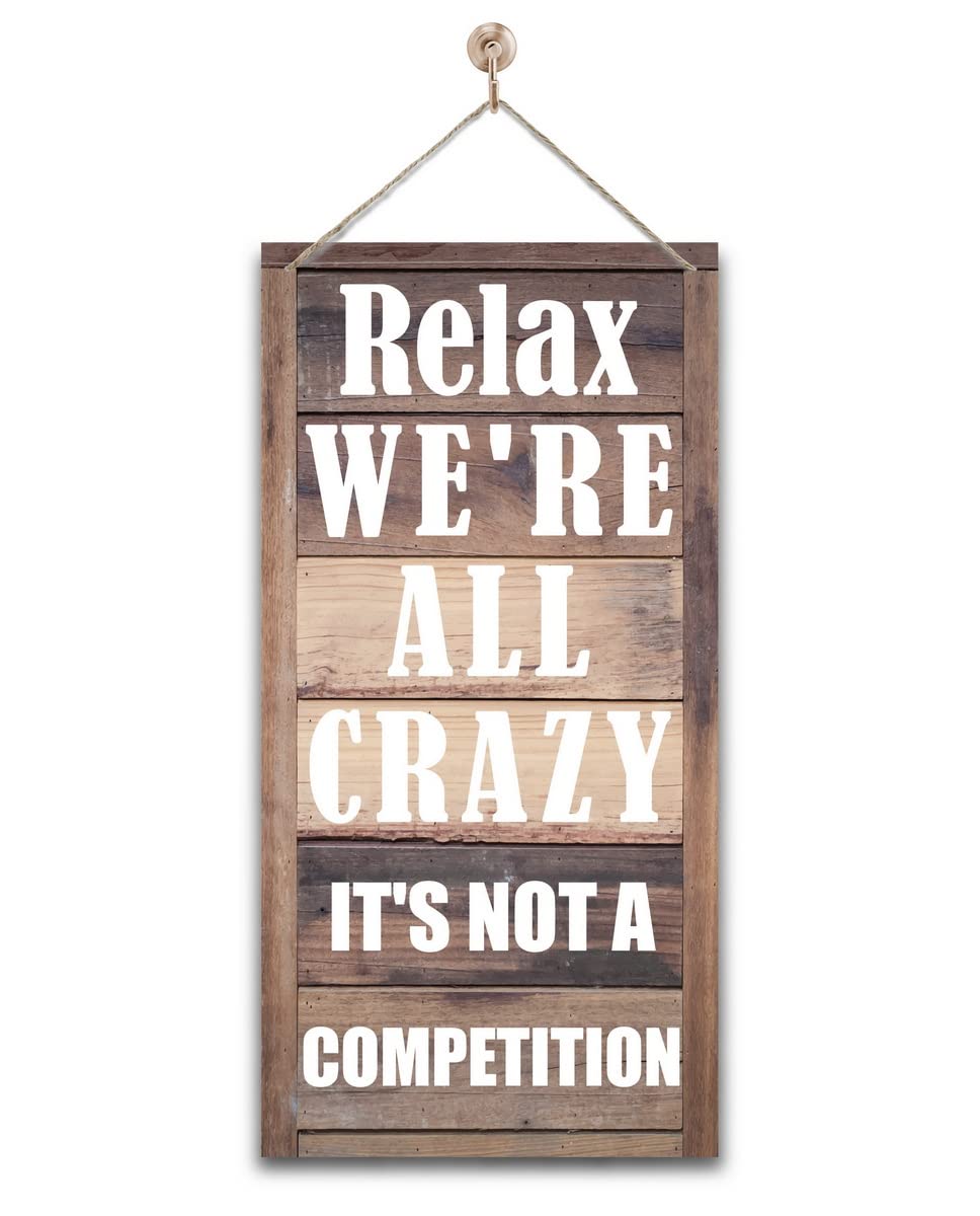 Funny Hanging Family Sign - Relax We're All Crazy Wall Art | Printed Wood Home Decor | Hanging Door Signs for Living Room, Bedroom & Entryway | Unique Gift for Housewarming & Family Gatherings