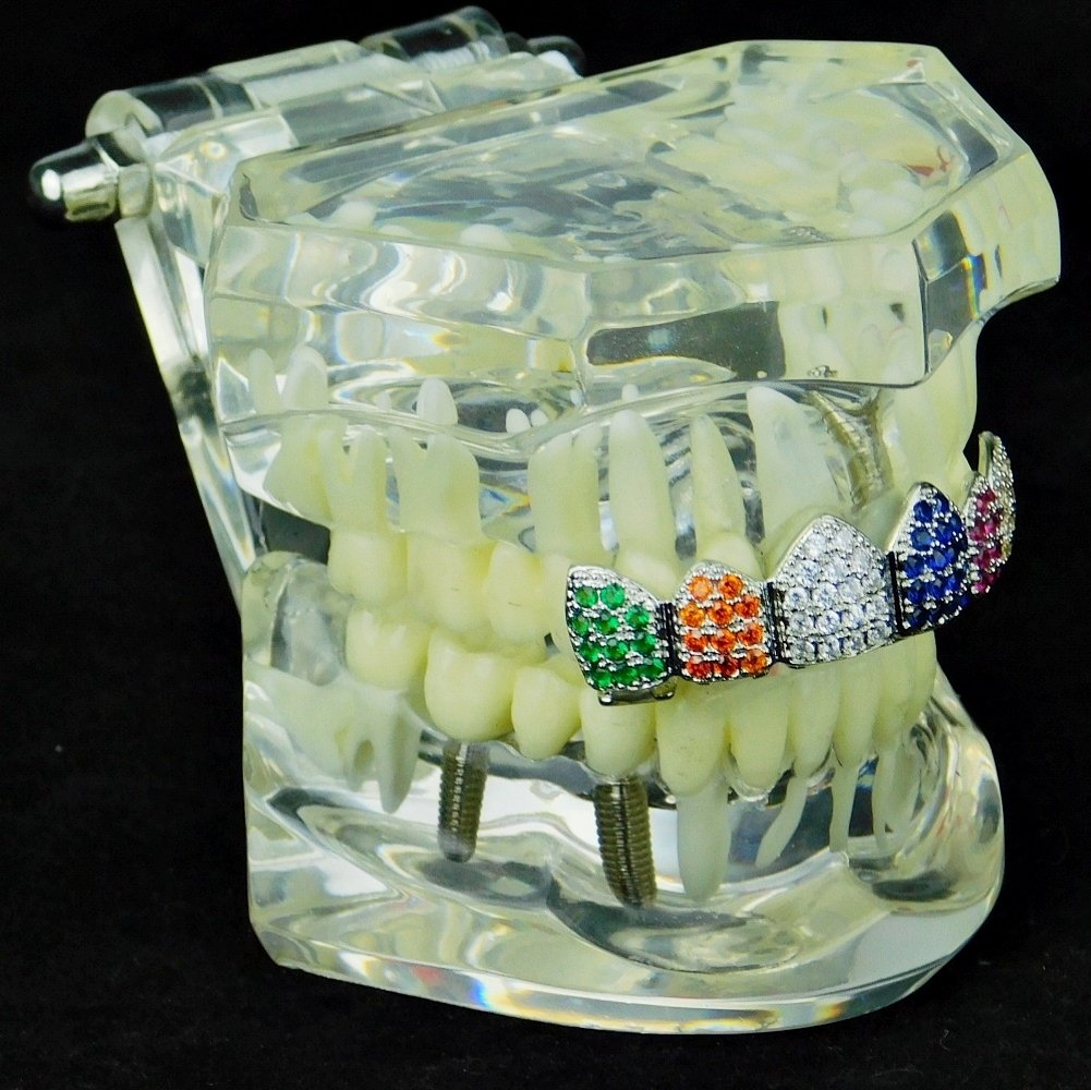 Multi-Color Grillz Silver Tone Top CZ Bling Clown Color Cubic Zirconia Rainbow Upper Teeth Hip Hop Grills - Perfect for Hip Hop Performances, Music Videos, and Streetwear Fashion