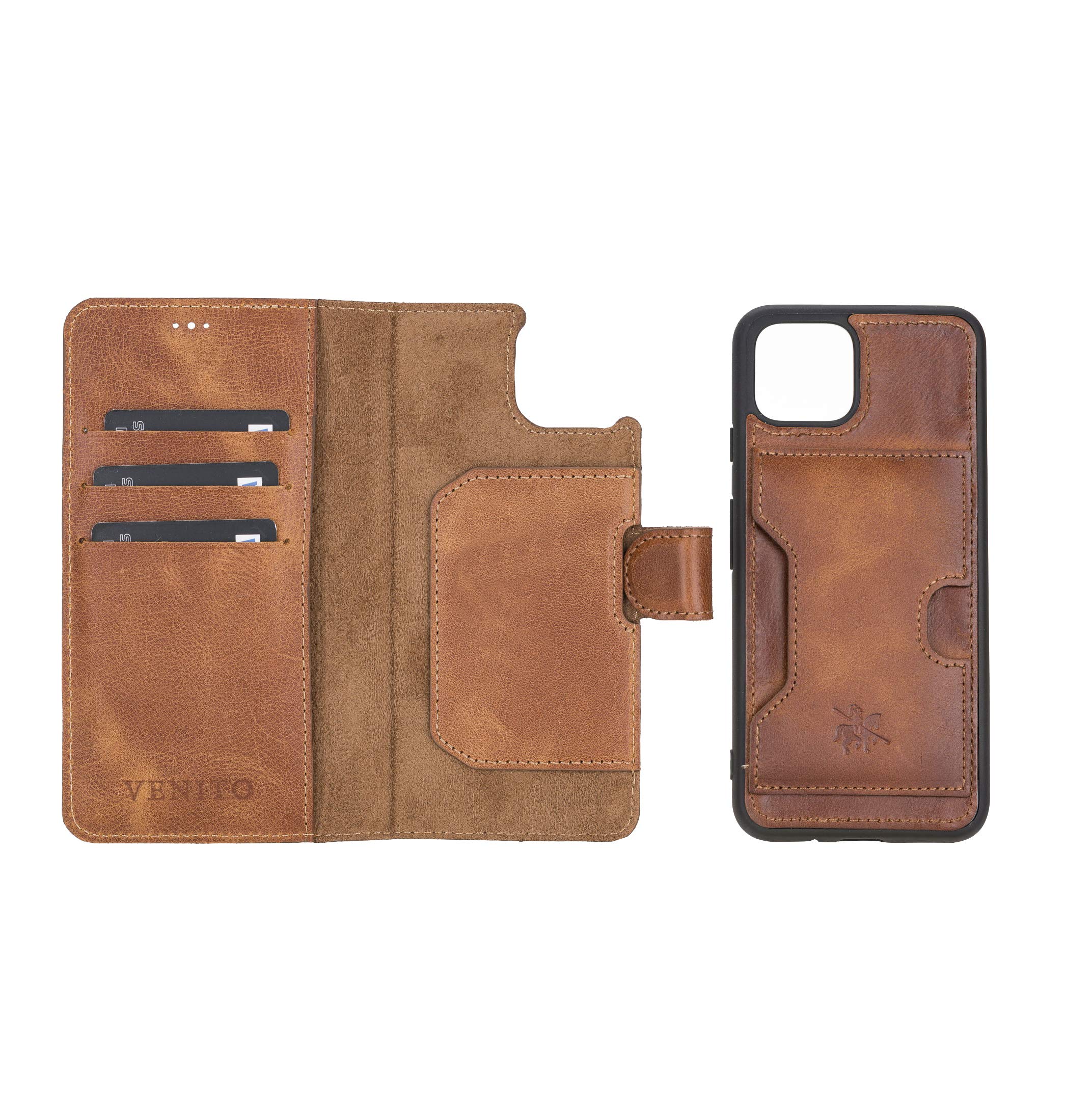 Venito Florence Genuine Leather Wallet Phone Case for Google Pixel 4 (5.7 inch) - RFID Blocking Protection - Detachable Card Holder - Vintage Brown - Perfect for Travel, Shopping & Daily Use