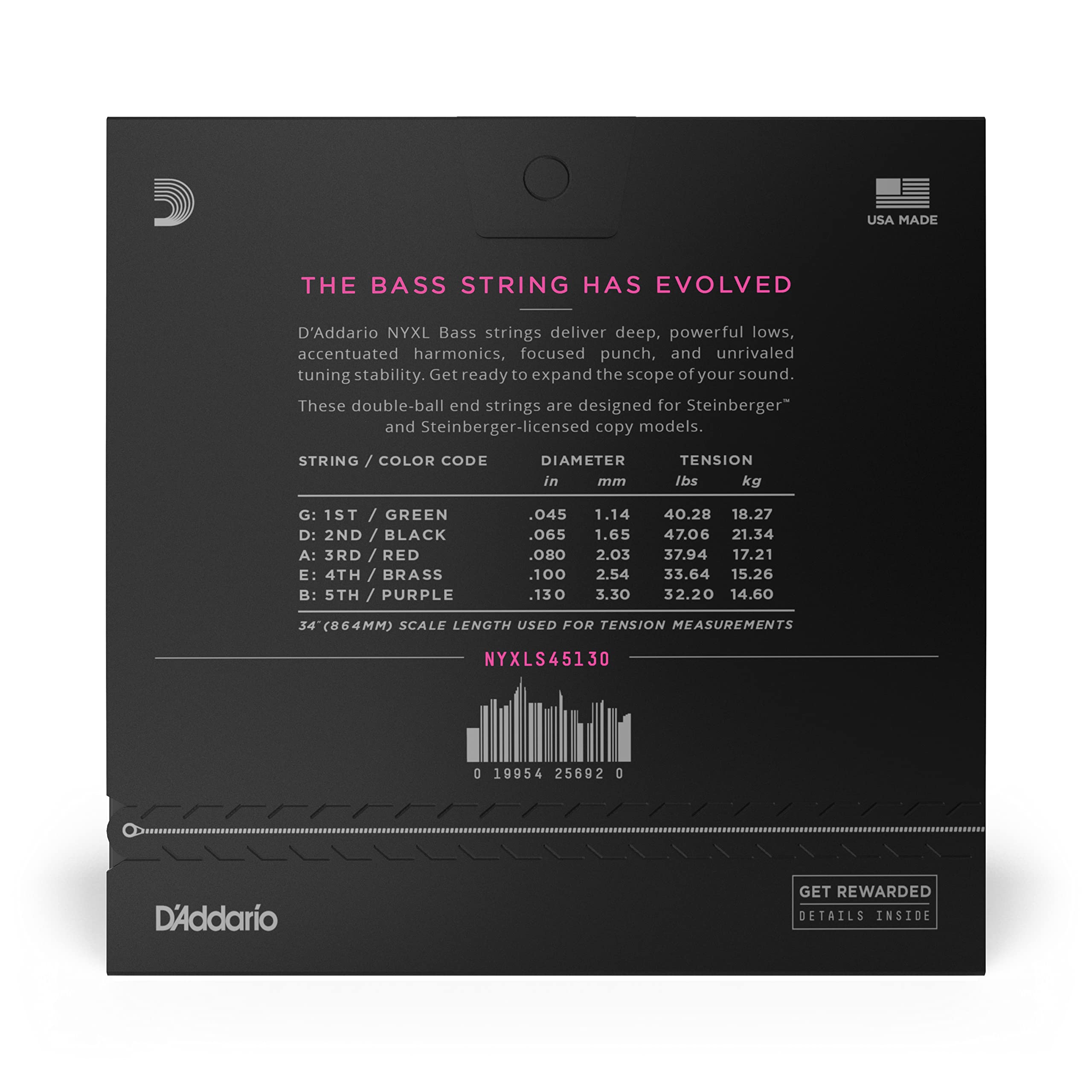 D'Addario NYXL Bass Guitar Strings - NYXLS45130 - 45-130 Regular Light 5-String Bass Strings with Double Ball End - Superior Strength, Tuning Stability & Enhanced Tone - Perfect for Live Performances, Studio Recording & Professional Bass Players