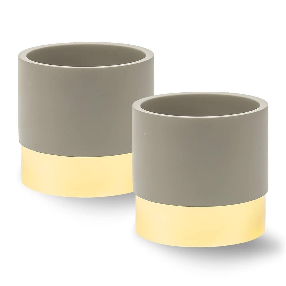 2 Pack Gold Toothbrush Holder & Pen Jar - Concrete & Metal Makeup Brush Canister, Mini Utensil Organizer, Small Planter by ROOM STARTERS | Bathroom, Office Desk & Kitchen Storage Solution