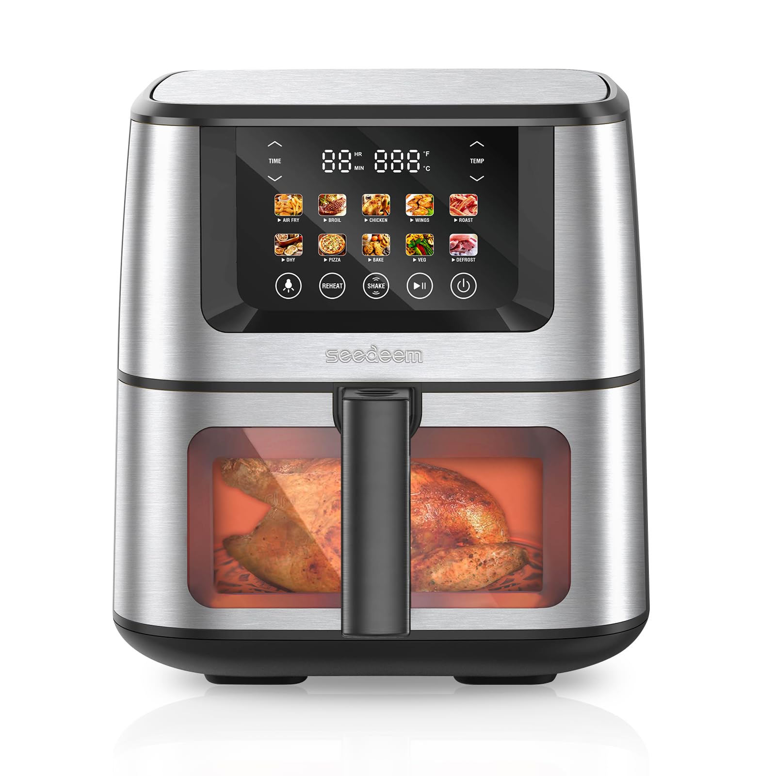 SEEDEEM Max XL 8 Quart Air Fryer Toaster Oven Combo - 10-in-1 Countertop Convection Oven with LCD Touchscreen, ClearCook Window for Baking, Roasting, Broiling & Dehydrating - Perfect for Family Meals, Healthy Cooking & Meal Prep (Silver)