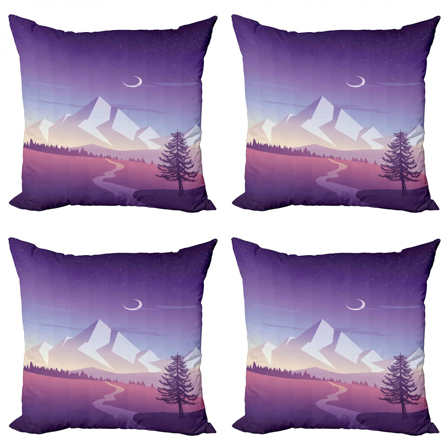 Ambesonne Northwoods Decorative Throw Pillow Covers Set of 4 - 18 Inch Mountain Landscape with Pine Tree River & Hills Design - Violet Pink Pale Grey Cushion Covers for Sofa, Living Room, Bedroom & Car Decor - Cozy Home & Cabin Accents for Rustic & Nature Inspired Interiors