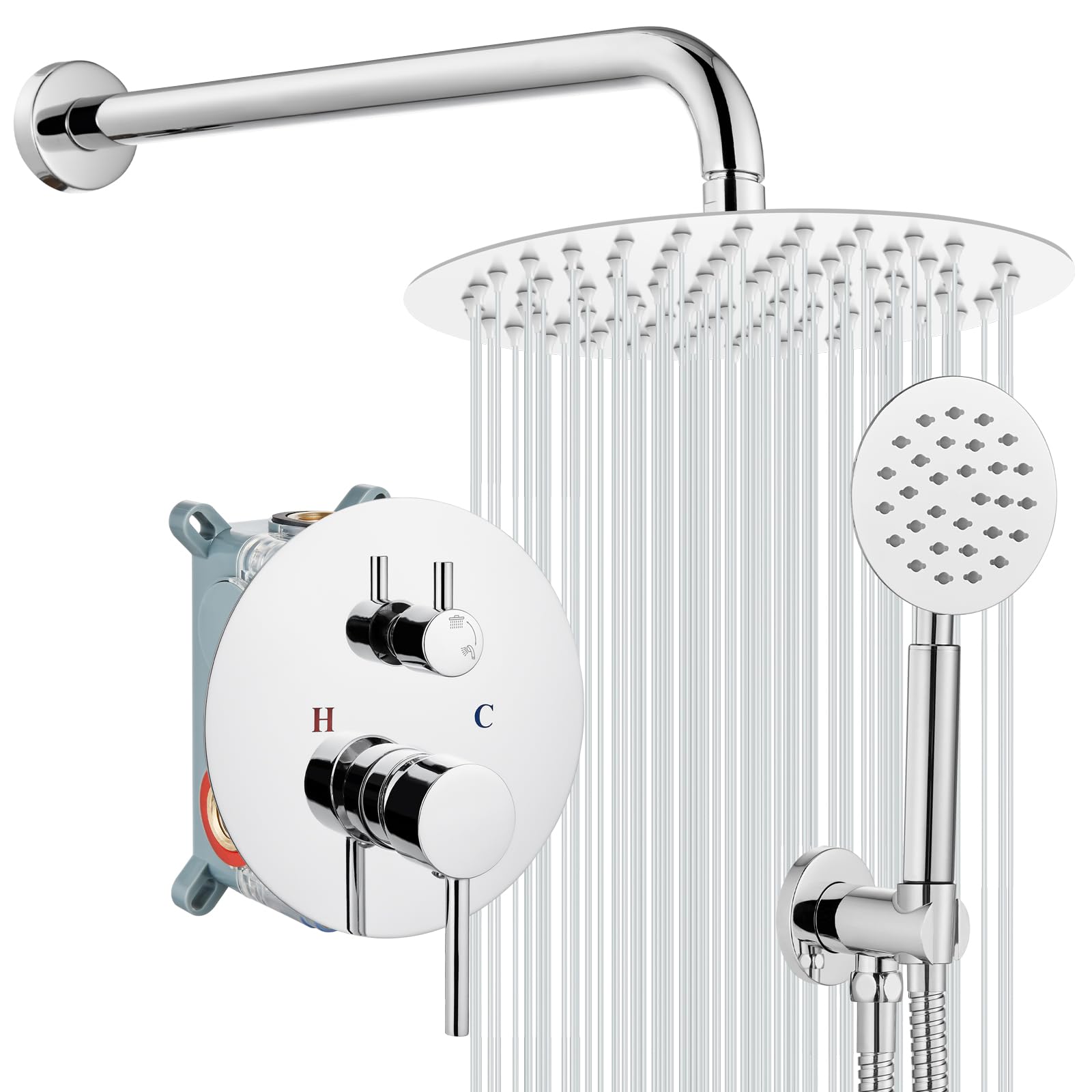 Gotonovo 10 Inch Round Rain Shower System - Wall Mounted Bathroom Mixer Combo Set with High Pressure Shower Head, Rough-in Valve & Polished Chrome Handheld - Perfect for Modern Bathrooms, Spa-Like Showers and Luxury Home Renovations