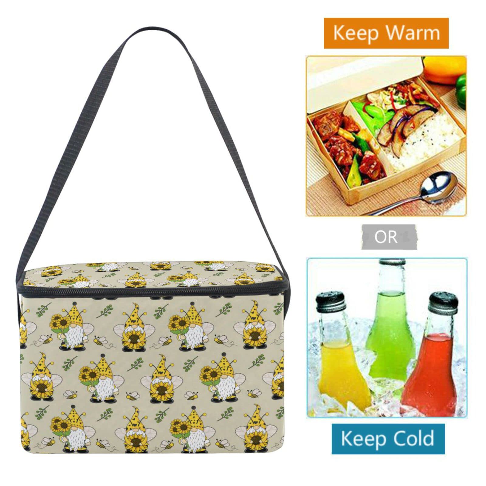 Insulated Lunch Bag Cooler with Gnome Sunflower Bee Design - Reusable Lunch Box for School, Office, Travel & Picnic - Perfect for Women, Men & Kids - Keep Food Fresh for Hours