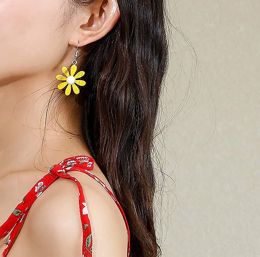 Yellow Acrylic Daisy Flower Earrings for Women - Dangle Wild Lily Petals Hawaiian Style Jewelry | Perfect for Summer, Beach Vacations & Boho Fashion