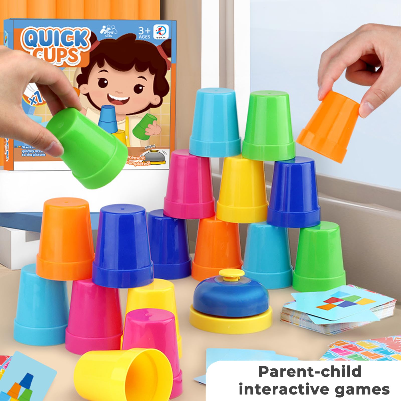 Quick Stacking Cups Set - Kids Speed Training Game with 54 Cards & Bell for Family Fun