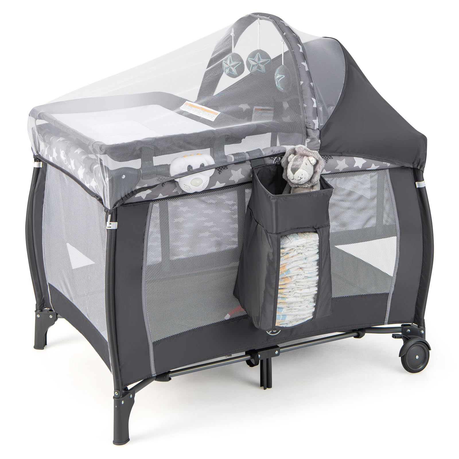 BABY JOY 4-in-1 Portable Playard with Bassinet, Changing Table & Music Box - Adjustable Canopy, Lockable Wheels - Travel Crib for Newborn to Toddler - Perfect for Nursery, Daycare & Family Trips