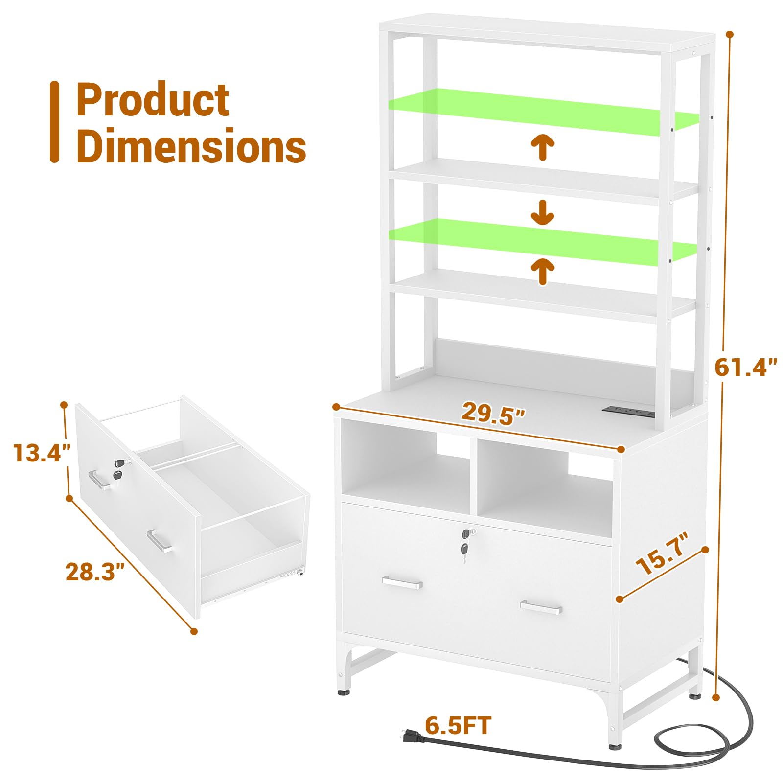 Homieasy File Cabinet with USB Charging Station - Lockable Vertical Filing Cabinet with Large Drawer & Storage Shelves - Office Printer Stand Organizer for Letter/A4/Legal Size Documents - Perfect for Home Office Organization & Workspace Storage (White)