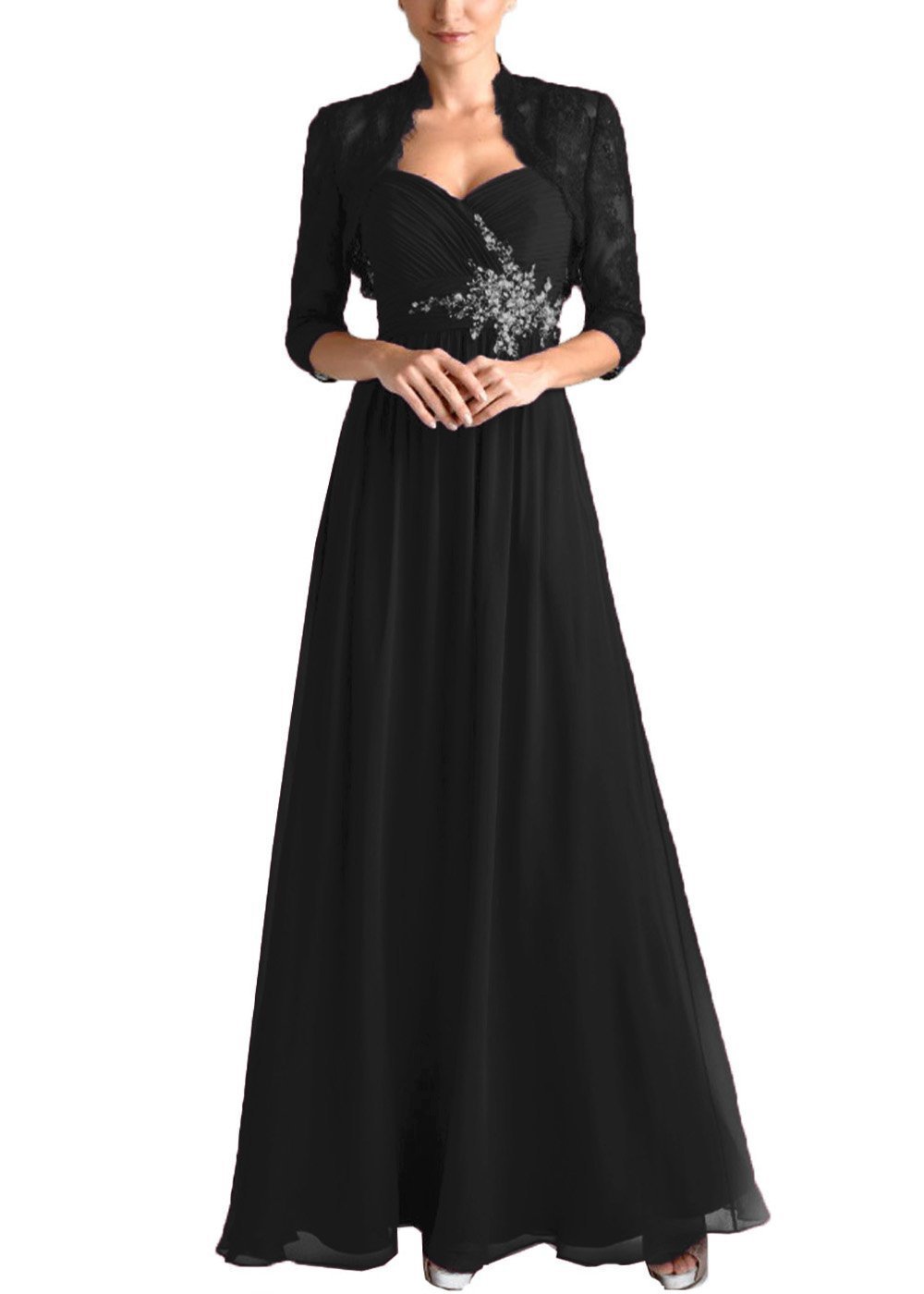 Elegant Women's Pleated Chiffon Mother of The Bride Dress with Lace Jacket & Beadwork - Long Evening Gown for Weddings, Prom & Formal Occasions