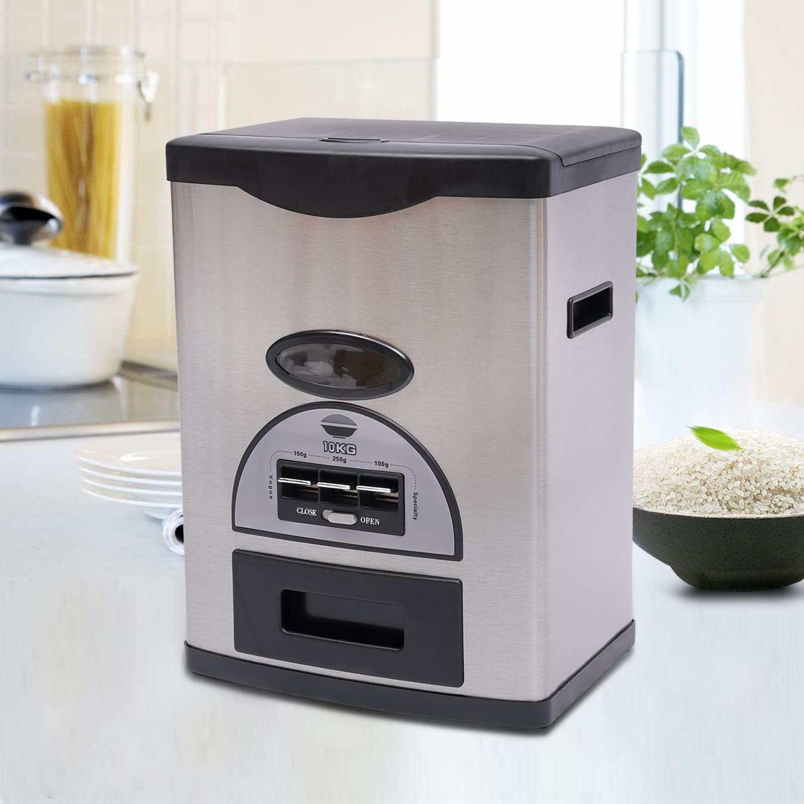 Automatic Rice Dispenser Container - 10kg/22lb Large Capacity Stainless Steel Kitchen Storage with Measuring Cup - Perfect for Countertop Organization & Easy Rice Portioning in Home, Restaurant or Dorm