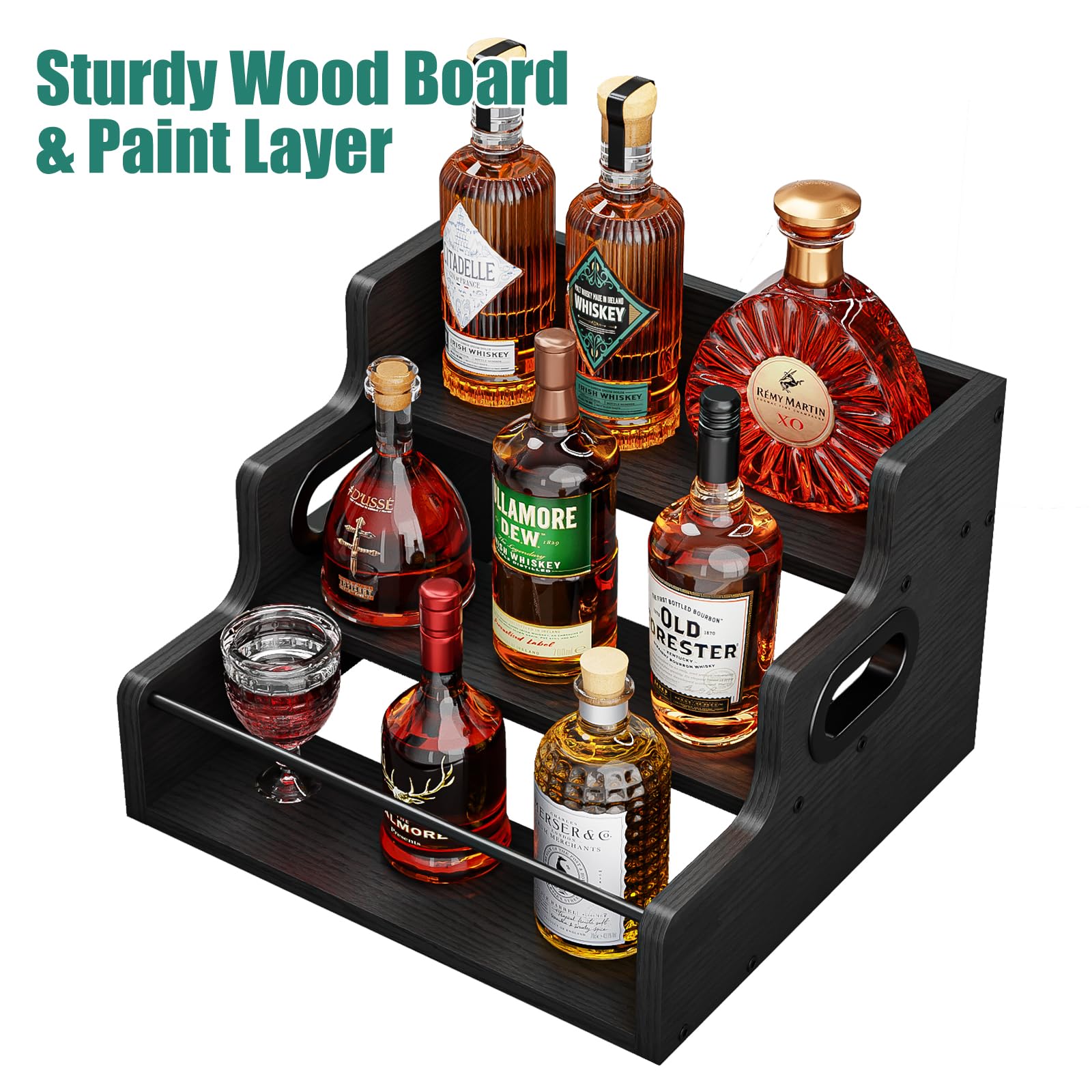 3-Tier Black Retro Liquor Bottle Display Shelf - Countertop Wine Rack Organizer for Whiskey, Spirits & Coffee Syrups | Perfect for Home Bars, Mini Bars & Kitchen Counter Organization