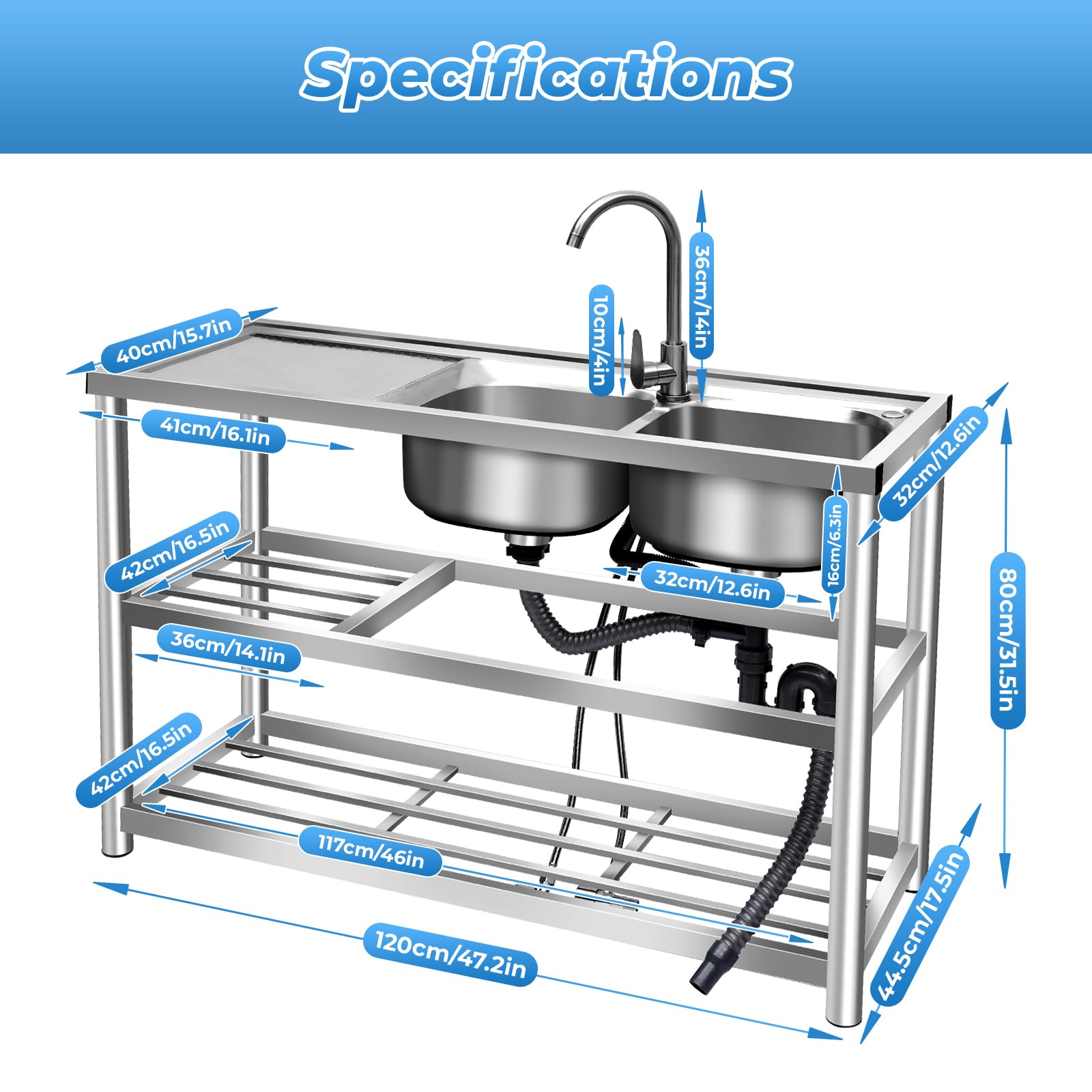 **Commercial 304 Stainless Steel Double Bowl Restaurant Sink with Storage Shelves & Drainer Faucet Combo – Heavy-Duty Kitchen Utility Sink for Restaurants, Cafes, and Food Prep Areas**