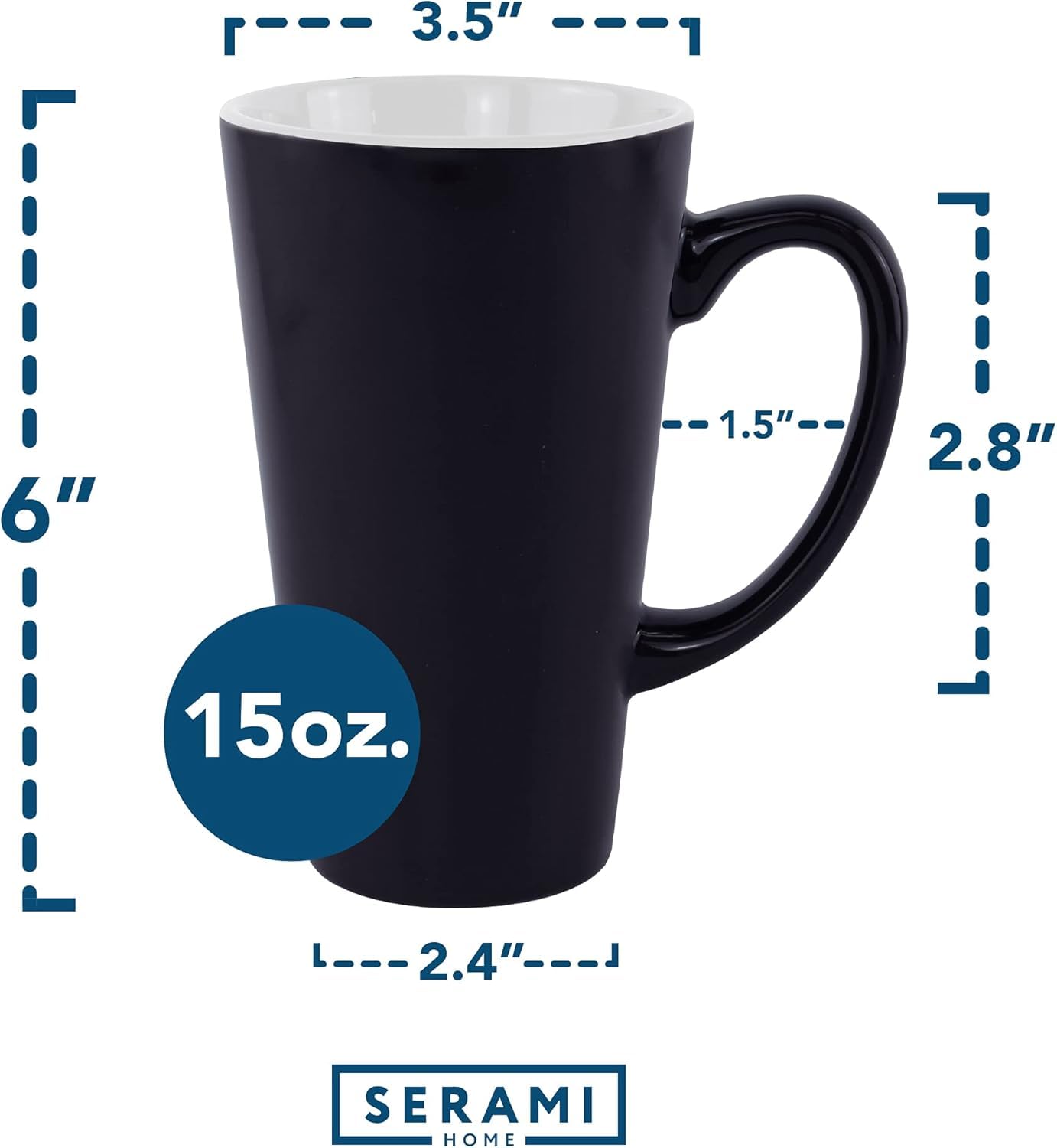 Premium 15oz Black and White Ceramic Coffee Mugs with Oversized Handles - Set of 2 Tall Funnel Cups for Home, Office, or Cafe Use - Ideal for Latte, Cappuccino, and Hot Beverages