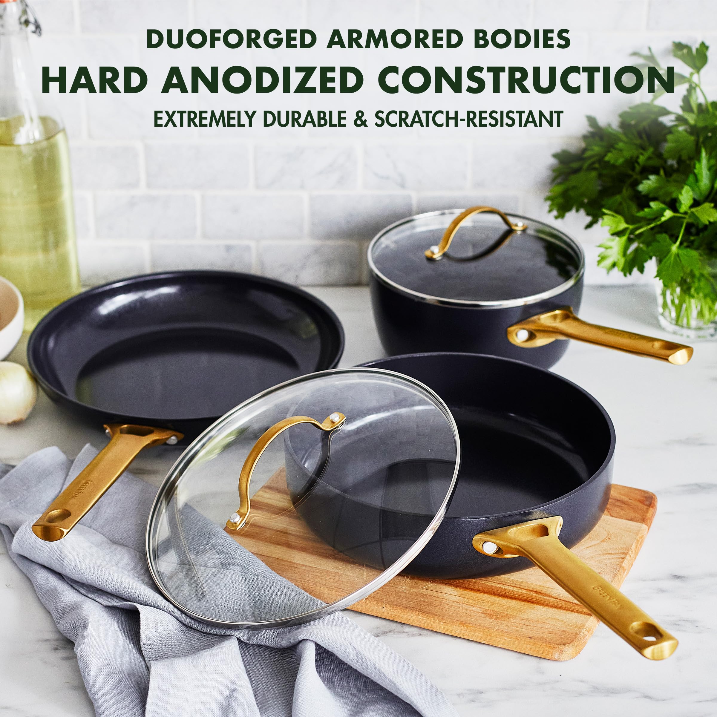 GreenPan Reserve Hard Anodized Healthy Ceramic Nonstick 5-Piece Cookware Set - PFAS-Free, Dishwasher & Oven Safe, Black Pots & Pans with Gold Handles for Healthy Cooking | Perfect for Frying, Sautéing & Baking in Modern Kitchens
