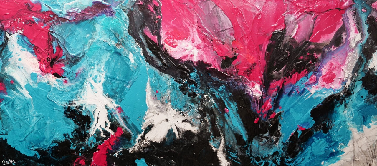 Magic 270cm x 120cm Black Teal Magenta Textured Abstract Canvas Wall Art - Perfect for Living Room, Bedroom & Office Decor