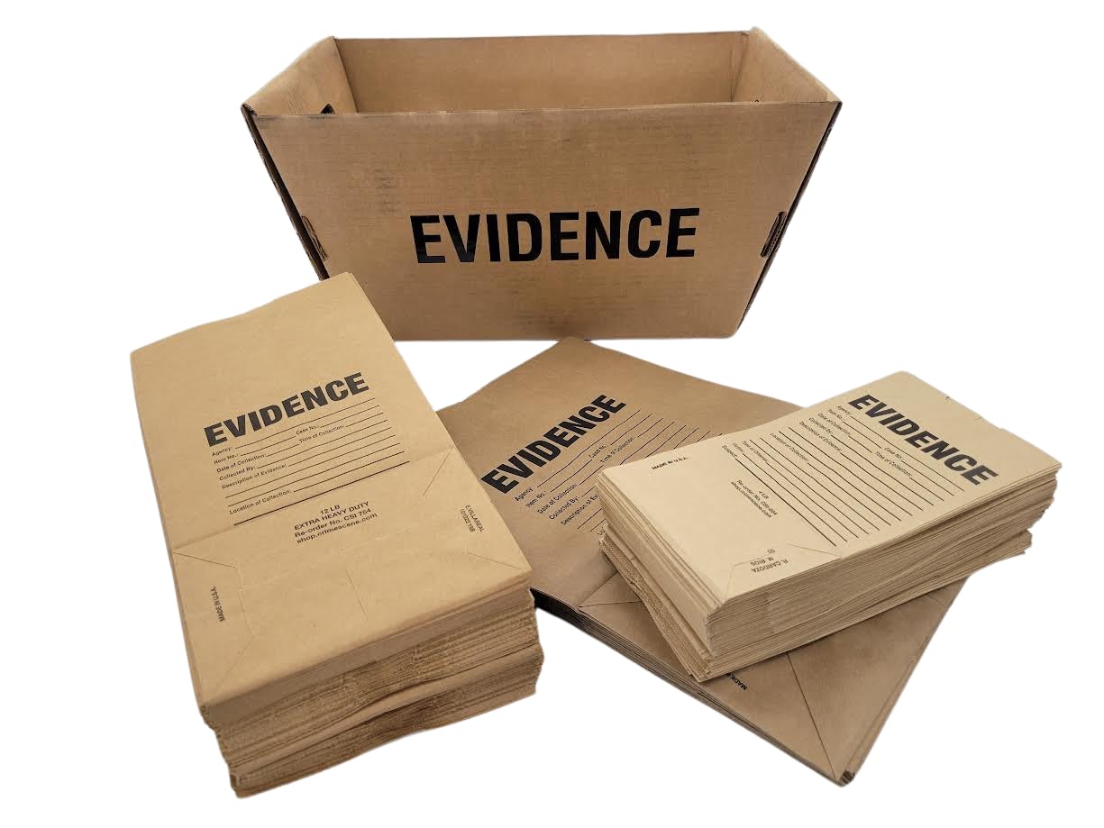 Crime Scene Evidence Bin with 3 Sizes of Paper Evidence Bags - Police & Forensic Supplies for Crime Scene Investigation, Film Production & Training Scenarios