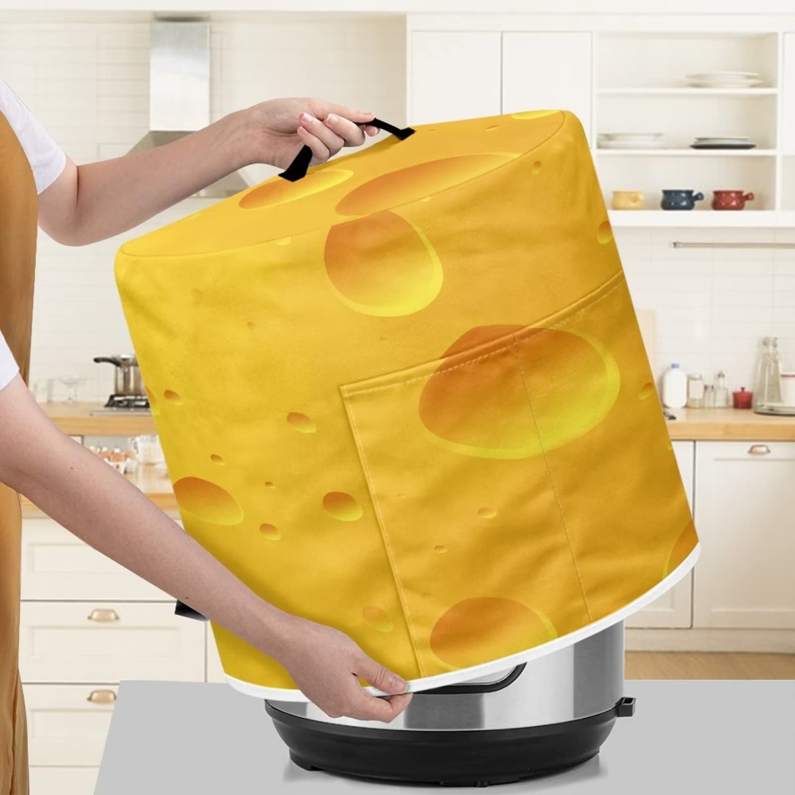 Yellow 3 qt Cheese Print Pressure Cooker Cover - Dust Protection for Air Fryer, Rice Cooker, Oven, Toaster, Stand Mixer & Steamer - Kitchen Appliance Cover with Organizer Pocket - Perfect for Home, Kitchen & Party Use