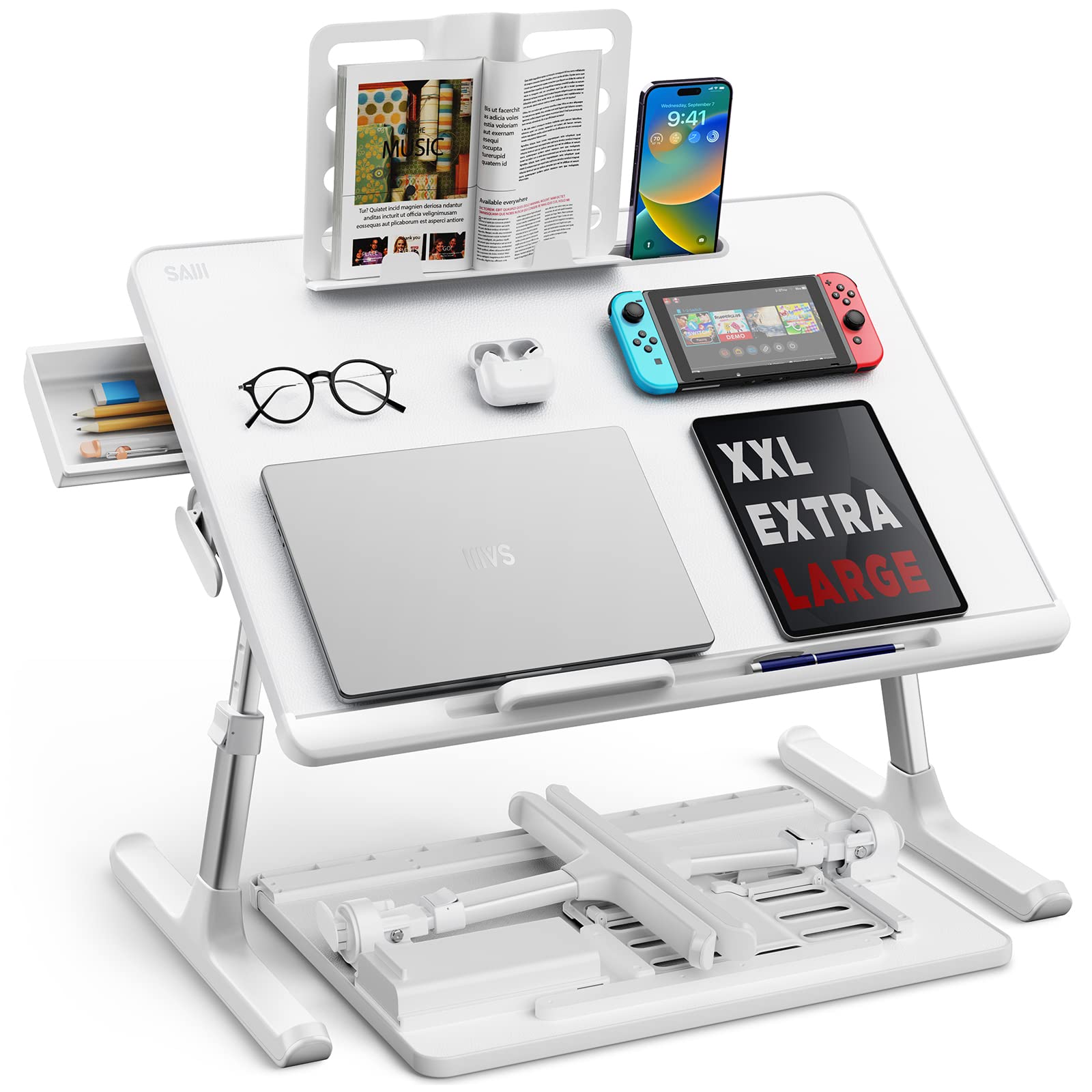 SAIJI Adjustable Laptop Bed Tray Table - Foldable Bed Desk with Storage Drawer for Eating, Working, Writing, Gaming & Drawing - White X-Large - Perfect for Home Office, Dorm Room & Bedside Use