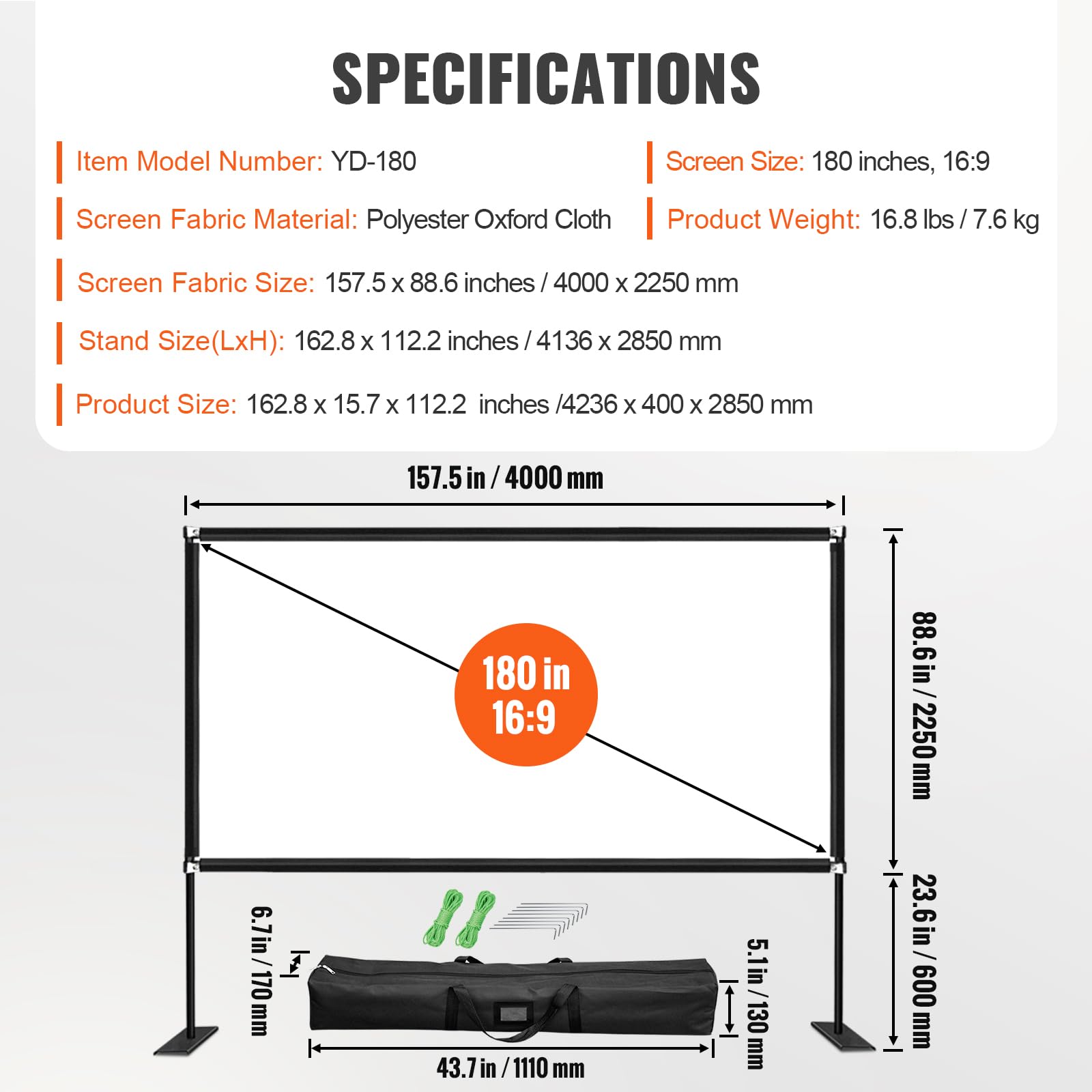 VEVOR 180-Inch Portable Projector Screen with Stand - 16:9 HD 4K Wide Angle Outdoor Movie Screen, Easy Assembly & Storage Bag - Perfect for Backyard Movie Nights, Home Theater, and Outdoor Events