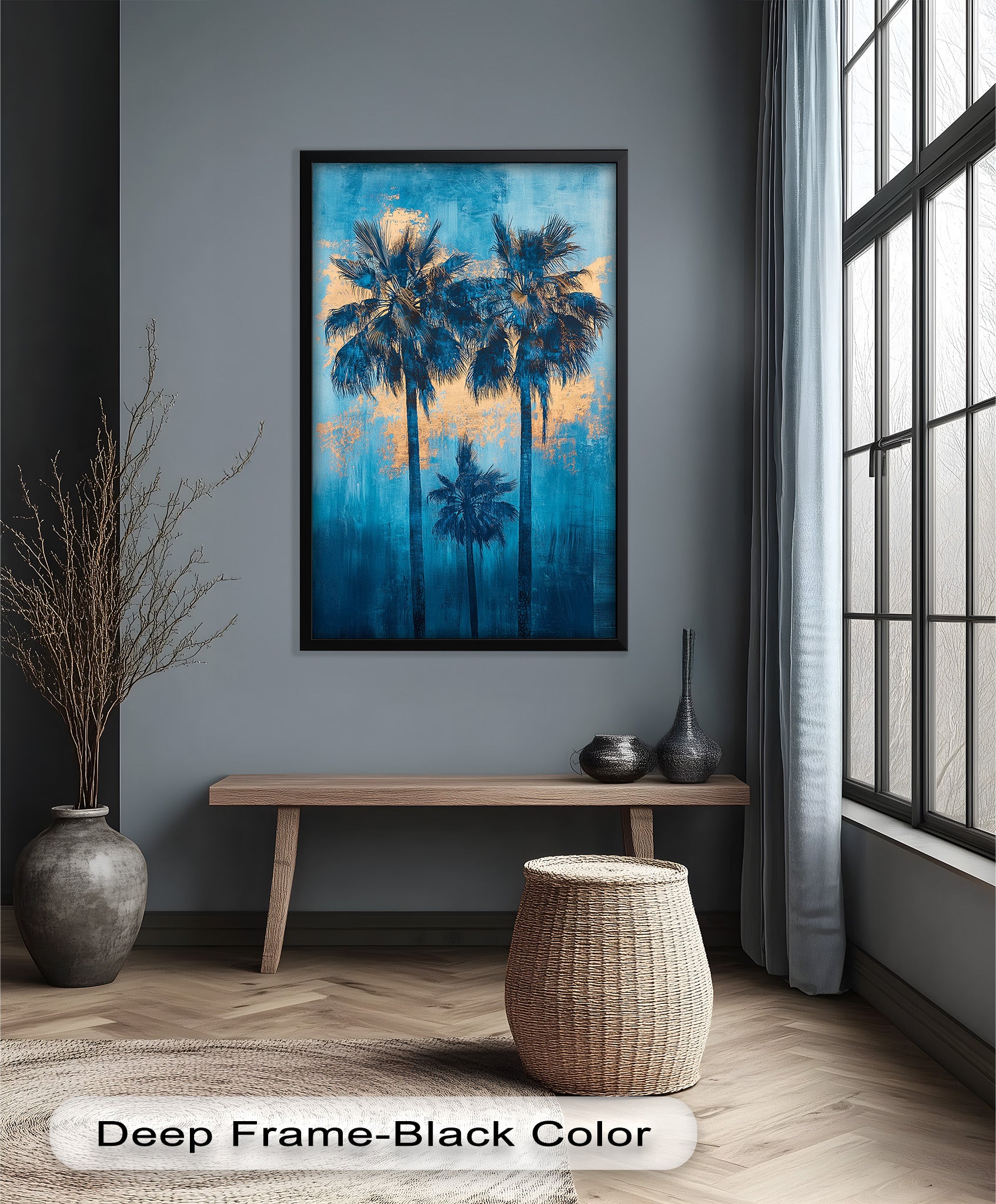 Blue Sunset Palms Tropical Oil Painting - Handmade Beach Wall Art for Living Room, Bedroom & Office Decor