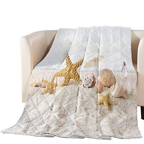 Premium Quilted Bedspread Queen Size - Soft Cotton Filled Coverlet with Seashell & Starfish Design for Bed, Couch or Sofa | Coastal Beach Bedding, Home Decor & Guest Room Comfort
