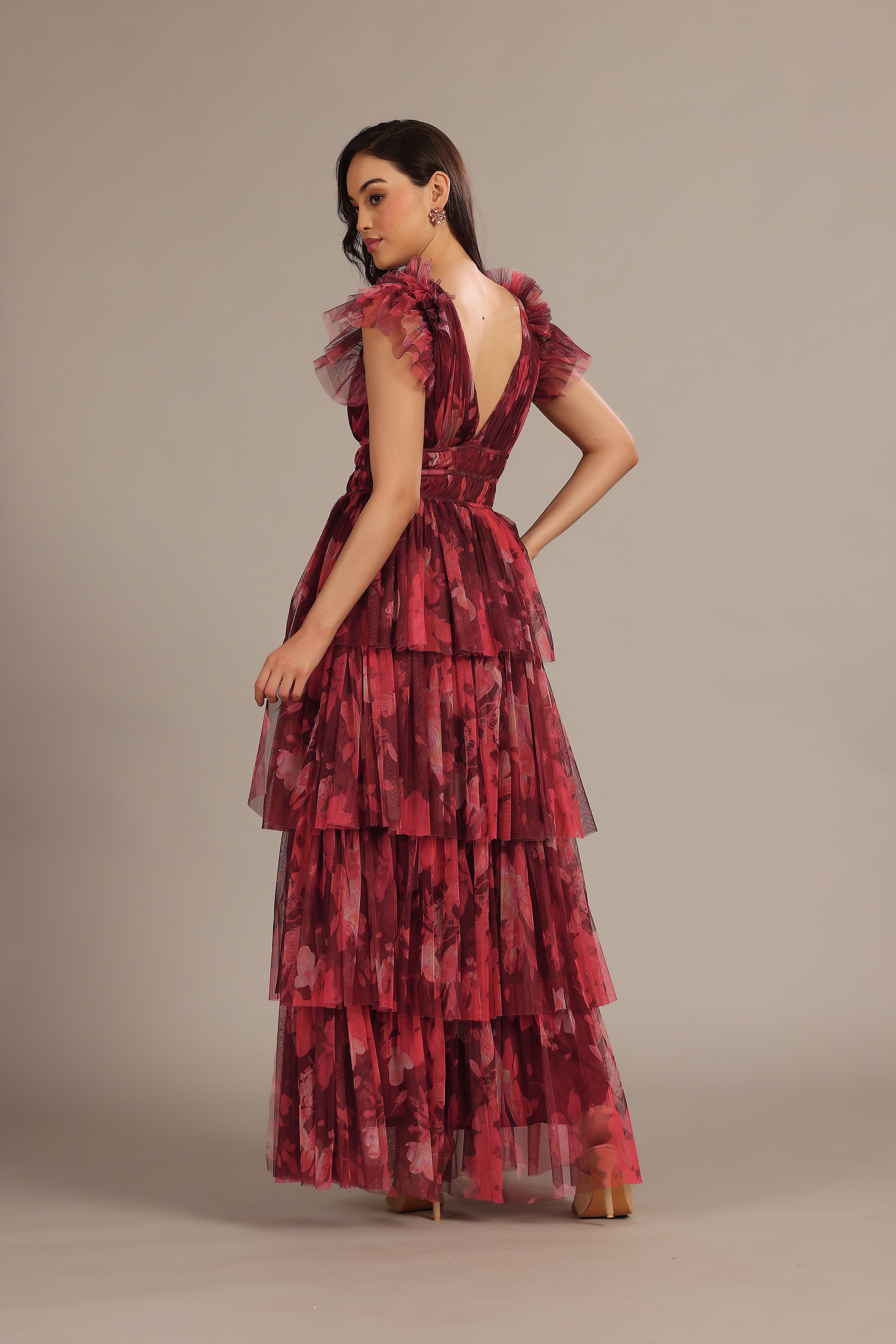 Naomi Women's Maxi Dress - Floral Print Deep Red Long Sleeve Boho Chic Summer Dress for Beach, Vacation & Date Night