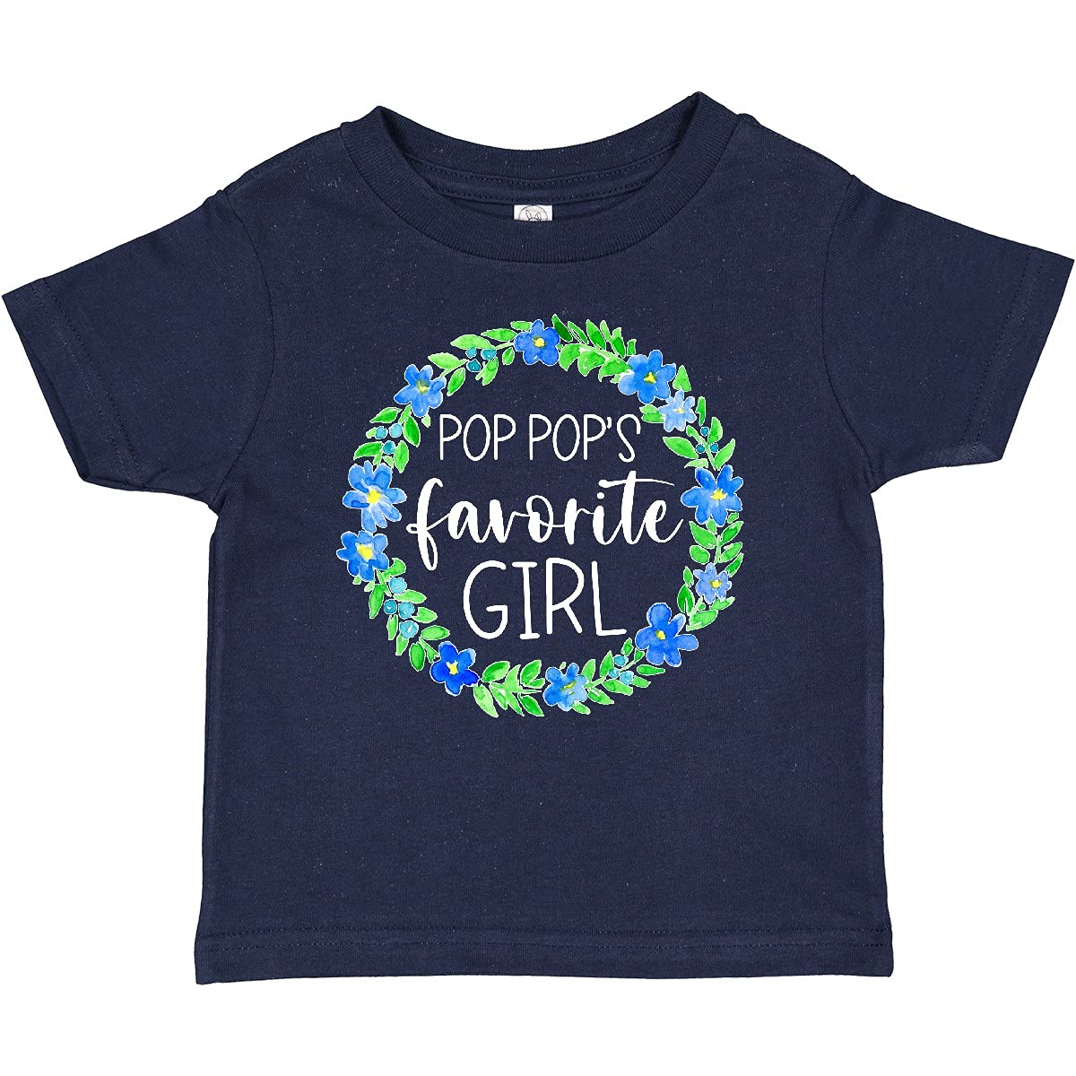 Pop Pop's Favorite Girl Blue Floral Wreath Baby T-Shirt | Cute Infant & Toddler Graphic Tee | Grandparents Day Gift, Family Reunion Outfit, Baby Shower Present