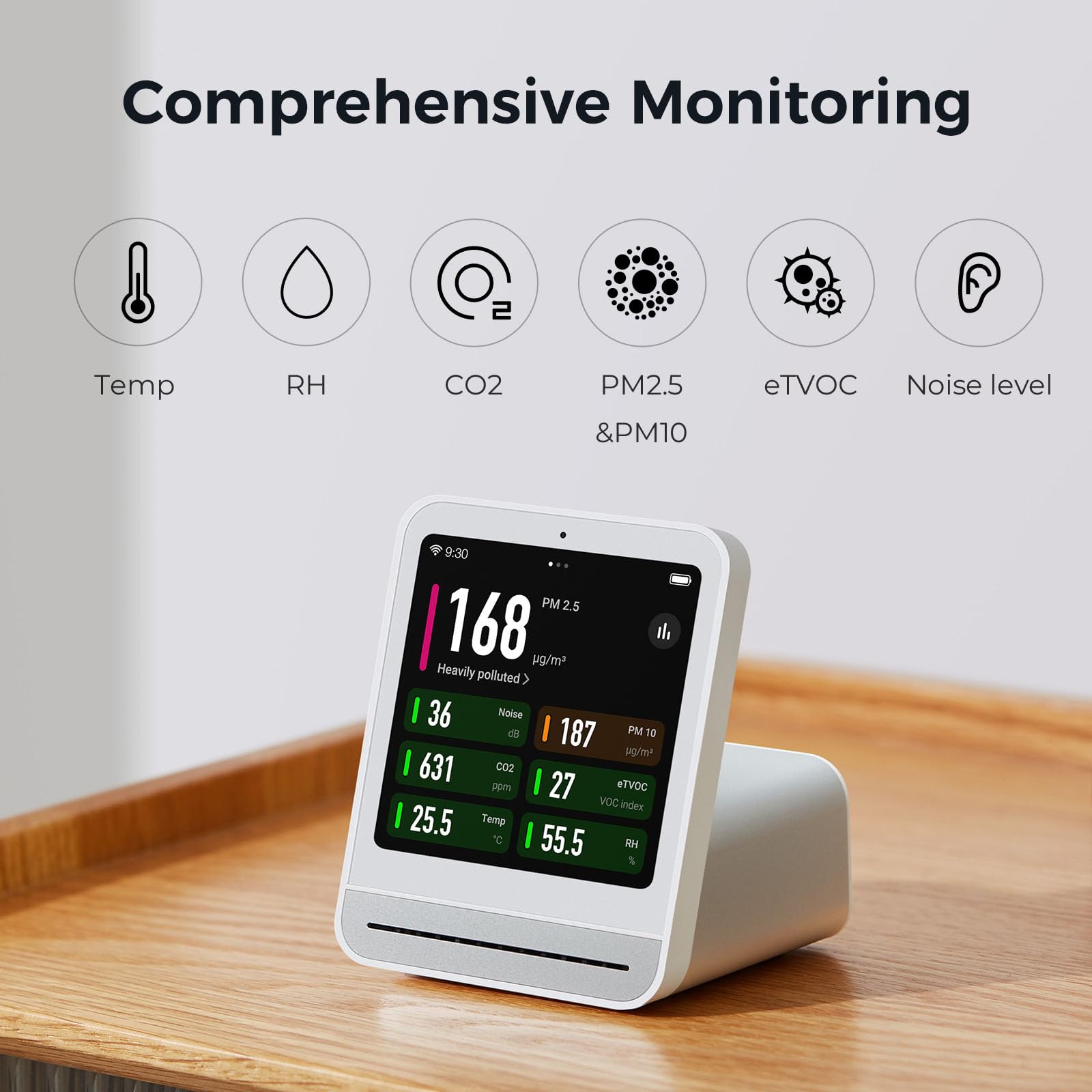 Qingping Air Quality Monitor Gen 2 - Indoor PM2.5 CO2 PM10 Noise Temp Humidity Detector with Alarm Clock | Smart Home & Bedroom Air Tester for Healthier Living & Baby Nursery Safety
