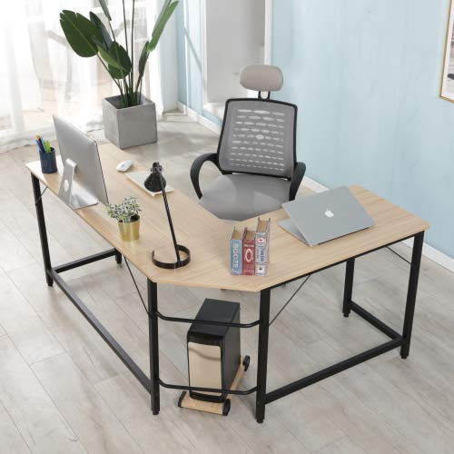L-Shaped Corner Computer Desk - Home Office Workstation with PC Gaming Setup, Natural Wood Finish for Small Spaces & Modern Workspaces