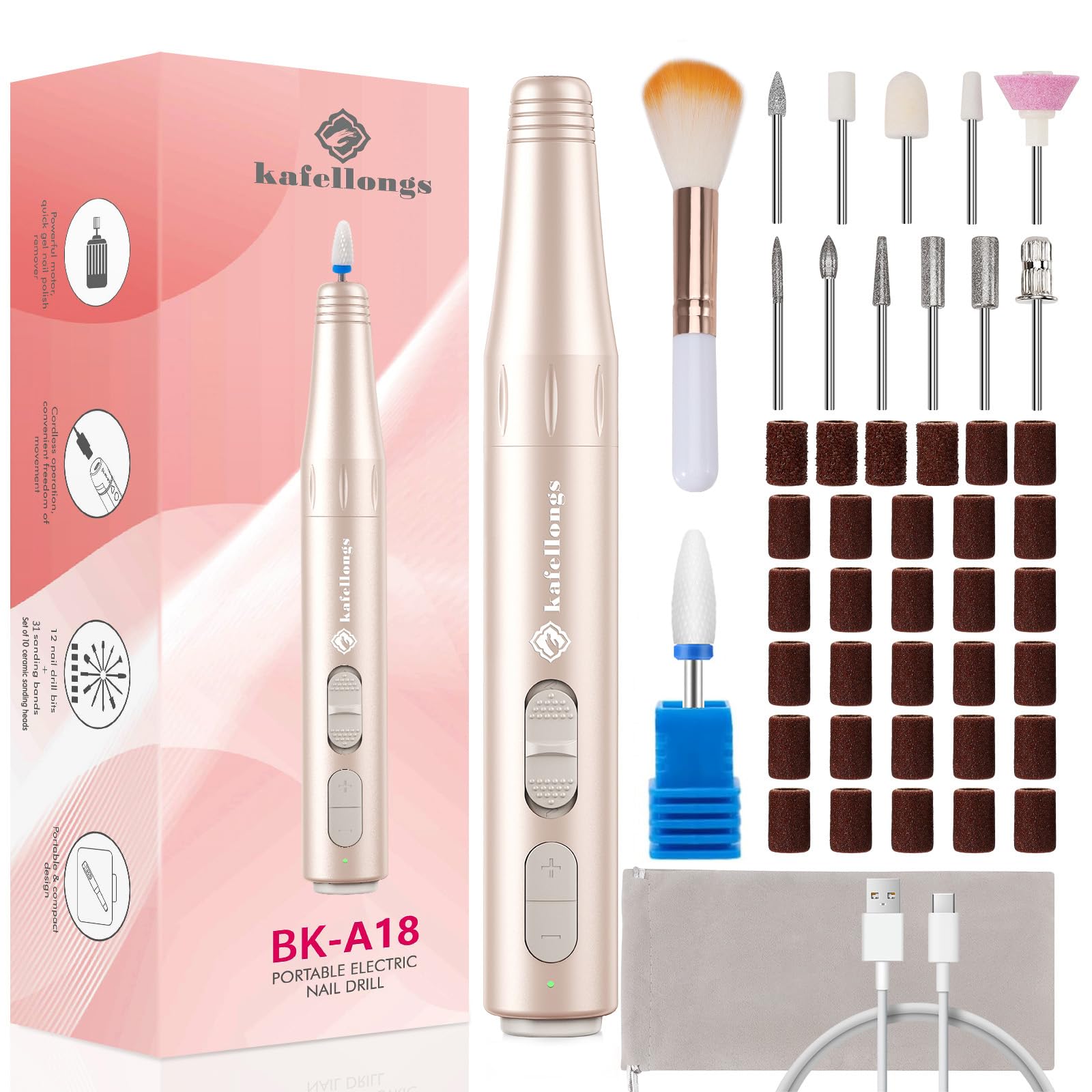 Professional Cordless Electric Nail Drill & File Kit - Rechargeable Manicure Machine for Acrylic, Gel Polish & Dip Powder Nails | Perfect for Home & Salon Nail Care, DIY Manicures & Pedicures