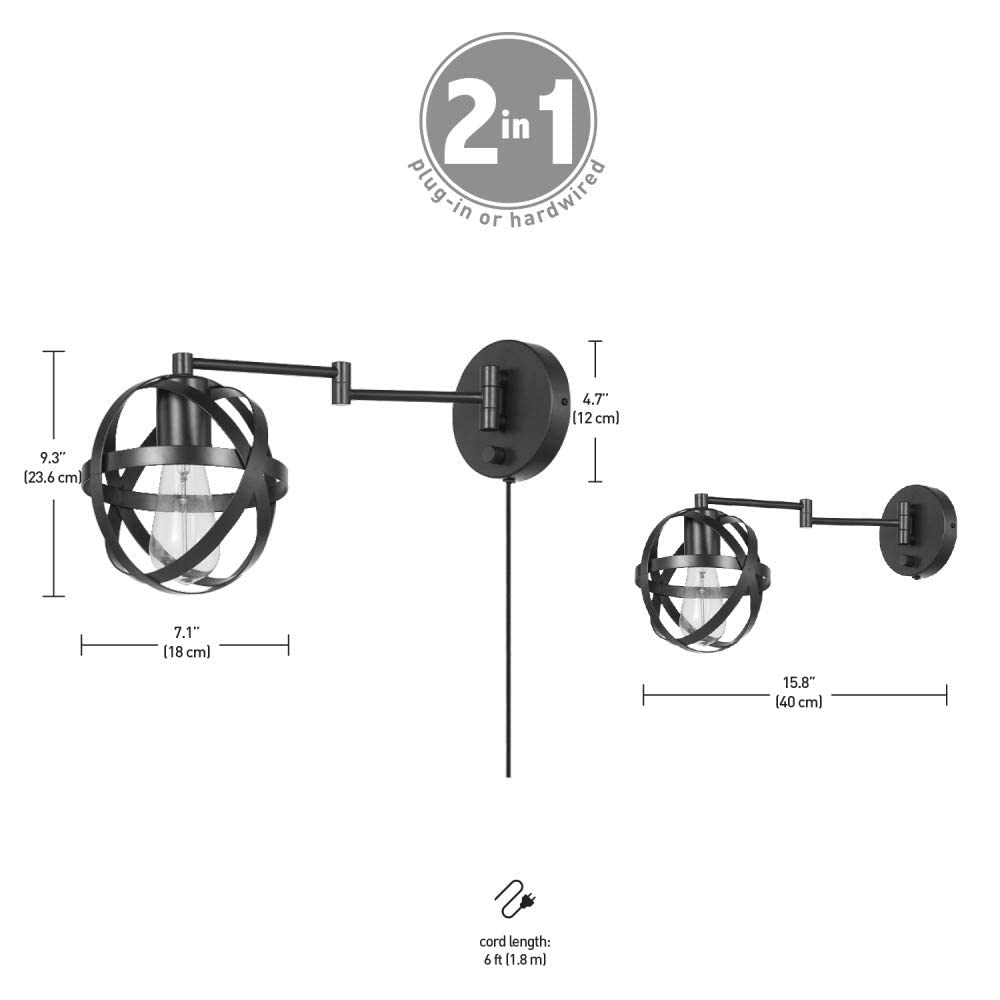 Tatum 1-Light Plug-in or Hardwired Swing Arm Wall Sconce - Dark Bronze Finish with 6ft Black Fabric Cord & Rotary On/Off Switch (Model 51544) - Perfect for Bedroom Reading, Living Room Accent Lighting, and Hallway Illumination