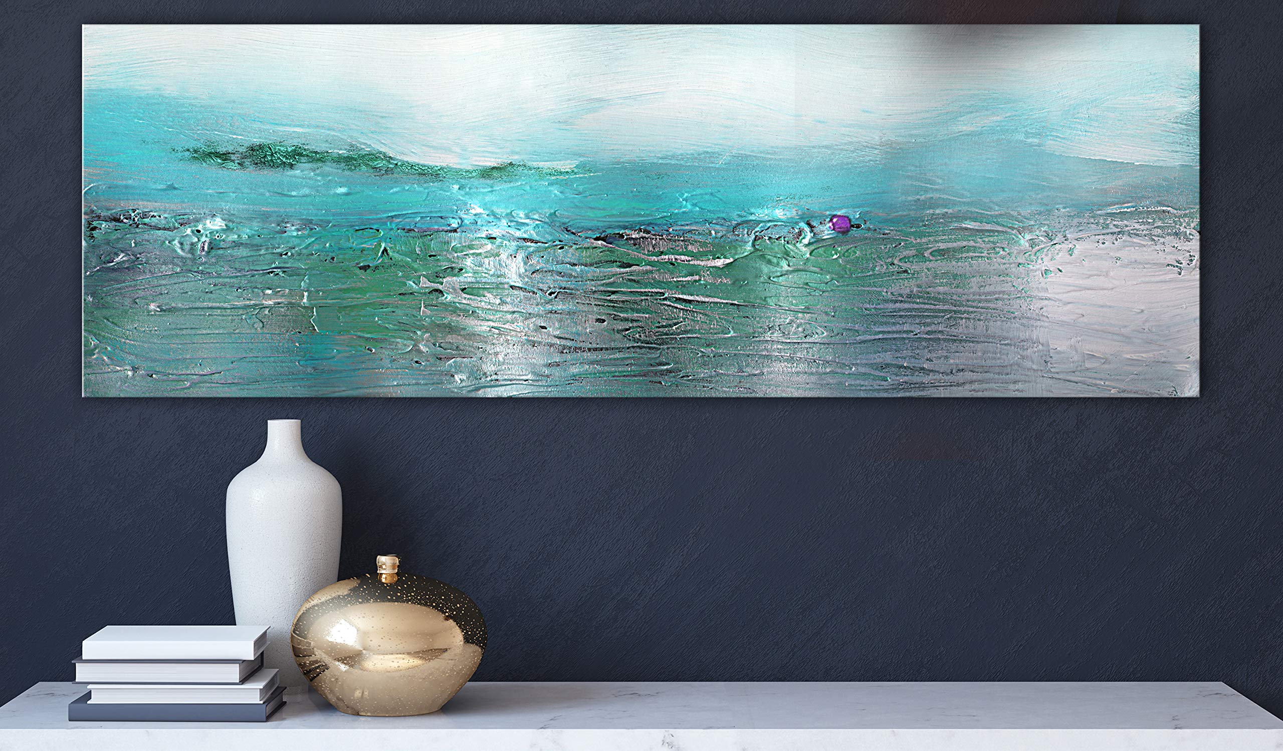 Abstract Textured Canvas Wall Art - 59x20 Inch Modern Framed Painting, Blue Green Contemporary Print for Living Room & Bedroom Decor | Home & Office Wall Artwork