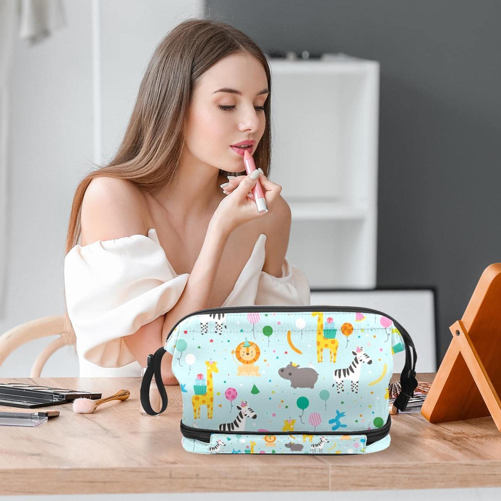 Double Layer Zebra Print Cosmetic Bag - Waterproof Travel Makeup Organizer Pouch for Women & Girls - Perfect for Toiletries, Travel Essentials & Daily Use