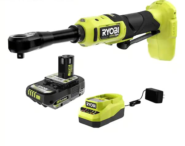 RYOBI ONE+ 18V Brushless Cordless 3/8 in. Extended Reach Ratchet with 2.0 Ah Battery & Charger - Perfect for Automotive Repairs, Tight Spaces, and DIY Projects