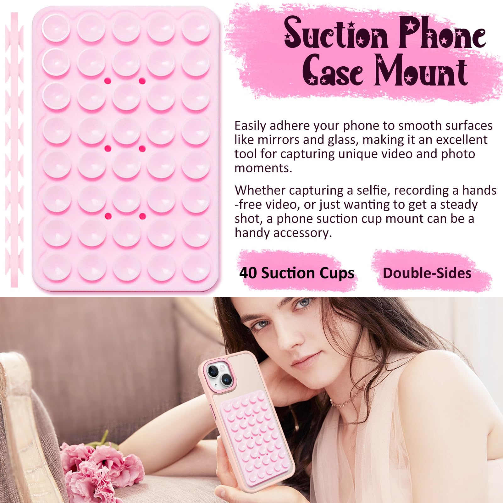 2 Pack Double Sided Silicone Suction Cup Phone Mount Holder - Strong Grip Hands-Free Phone Case for Selfies, Videos & Car Dashboard - Non-Slip Accessories (Light Pink & Translucent) - Perfect for Driving, Vlogging & Hands-Free Calling