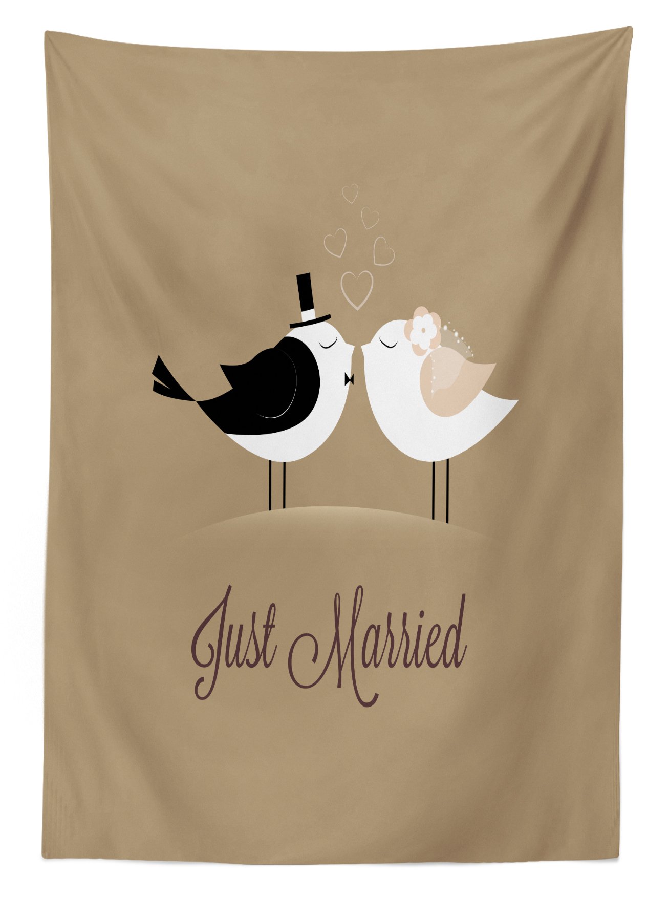 Ambesonne Romantic Wedding Tablecloth - Bride & Groom Birds Kissing Design, Just Married Handwritten Text with Hearts, Washable Outdoor Picnic Table Cover 58x104 Inches Multicolor - Perfect for Wedding Receptions, Anniversary Dinners & Romantic Outdoor Dates